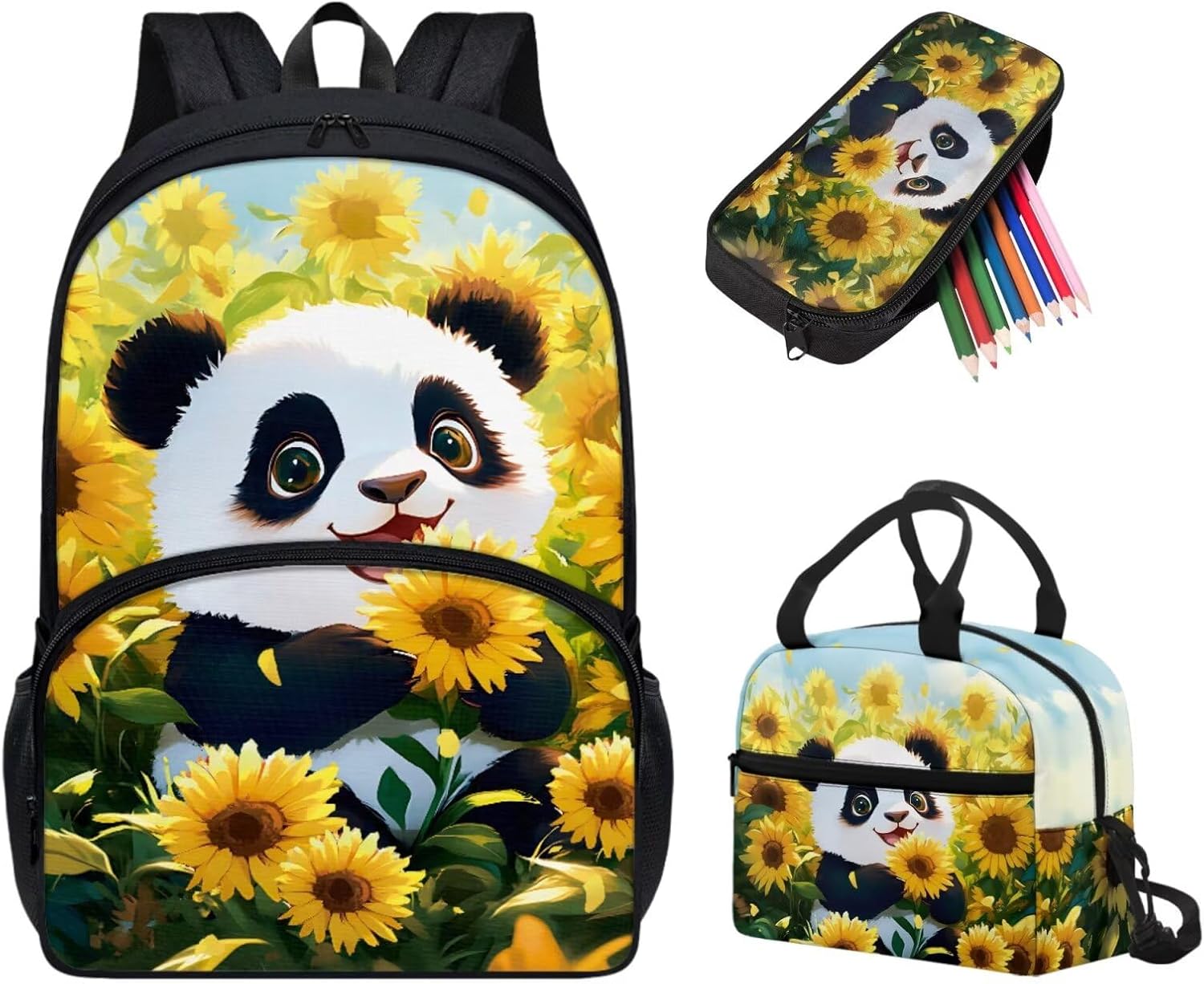 Tuoxiukan Panda School Backpack for Girls Middle School Sunflower Bookbag with Lunch Box and Pencil Case Set 3-Piece Kids School Bag 17 Inch Travel Backpack with Laptop Compartment