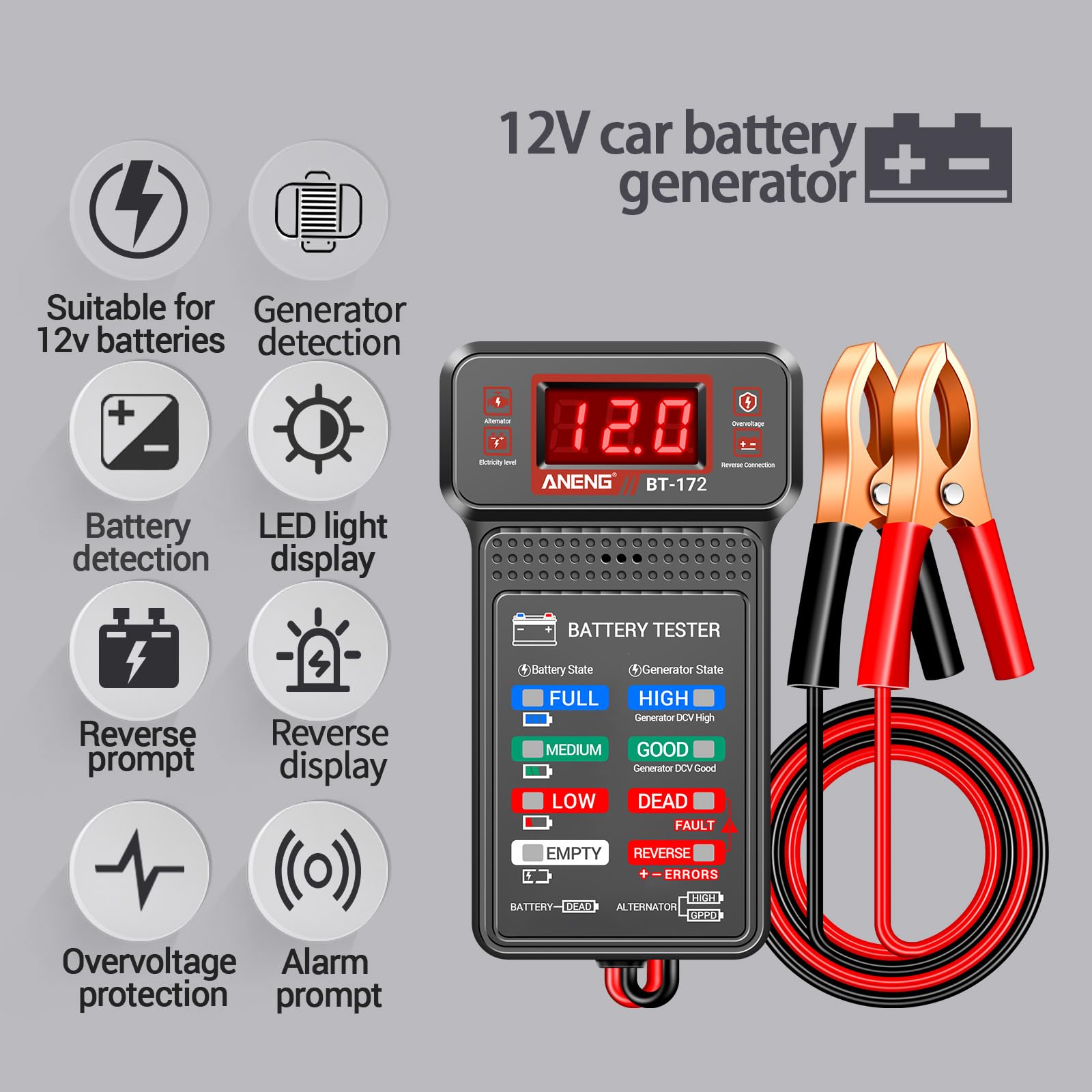 ANENG Car Battery Tester,12V Digital Automotive Batteries Tester,Alternator Charging Analyzer,Voltmeter with LCD Display and LED Indication, Voltage Indicator for Car Truck Motorcycle Electrical Tools