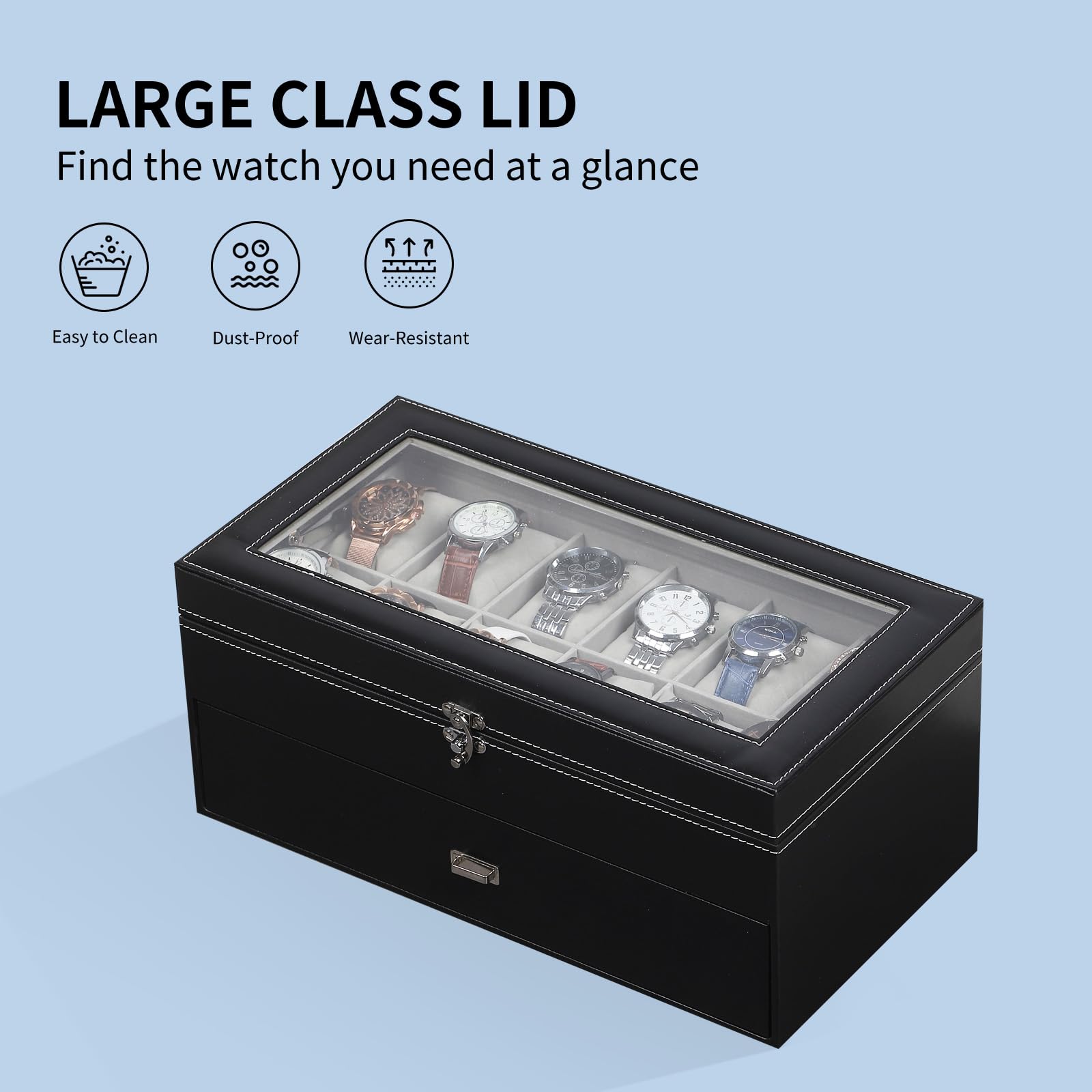 AUTOARK MKAW037 MKAW037 - Scatola per 24 orologi in pelle e velluto, con parte superiore in vetro, con chiusura a chiave, per riporre i gioielli, con cuscini rimovibili grigi