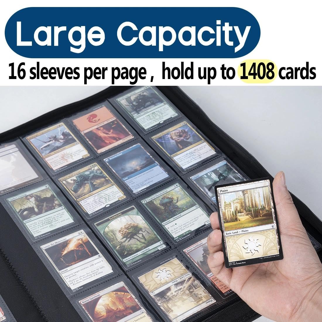 Raccoglitore per carte collezionabili a 16 tasche, con cerniera, può contenere fino a 1408 carte con 44 maniche, design con etichette, raccoglitore per carte TCG/carte da gioco/carte sportive, rosso