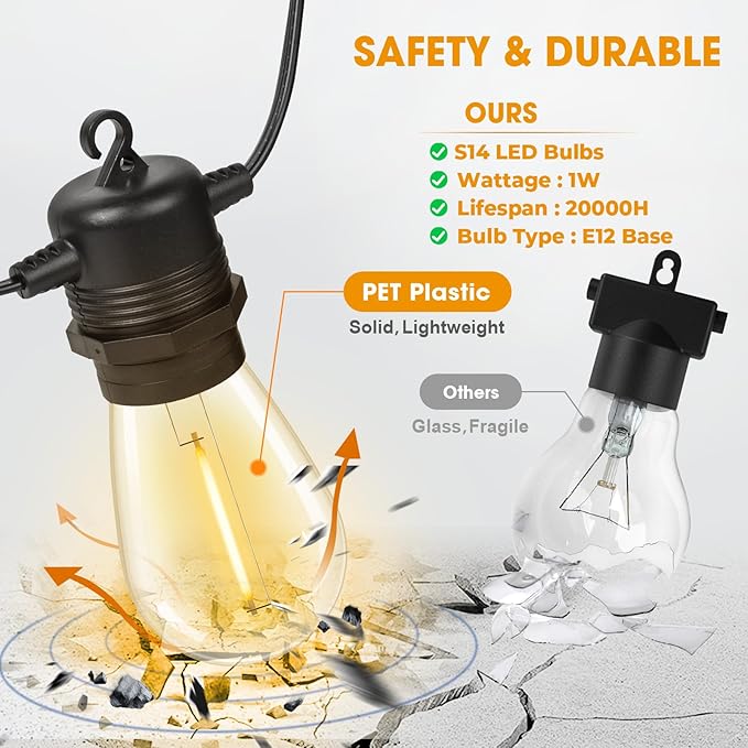 GvvooHome 50FT Luces de Cadena LED Exterior con 16 Bombillas S14 miniatura 3