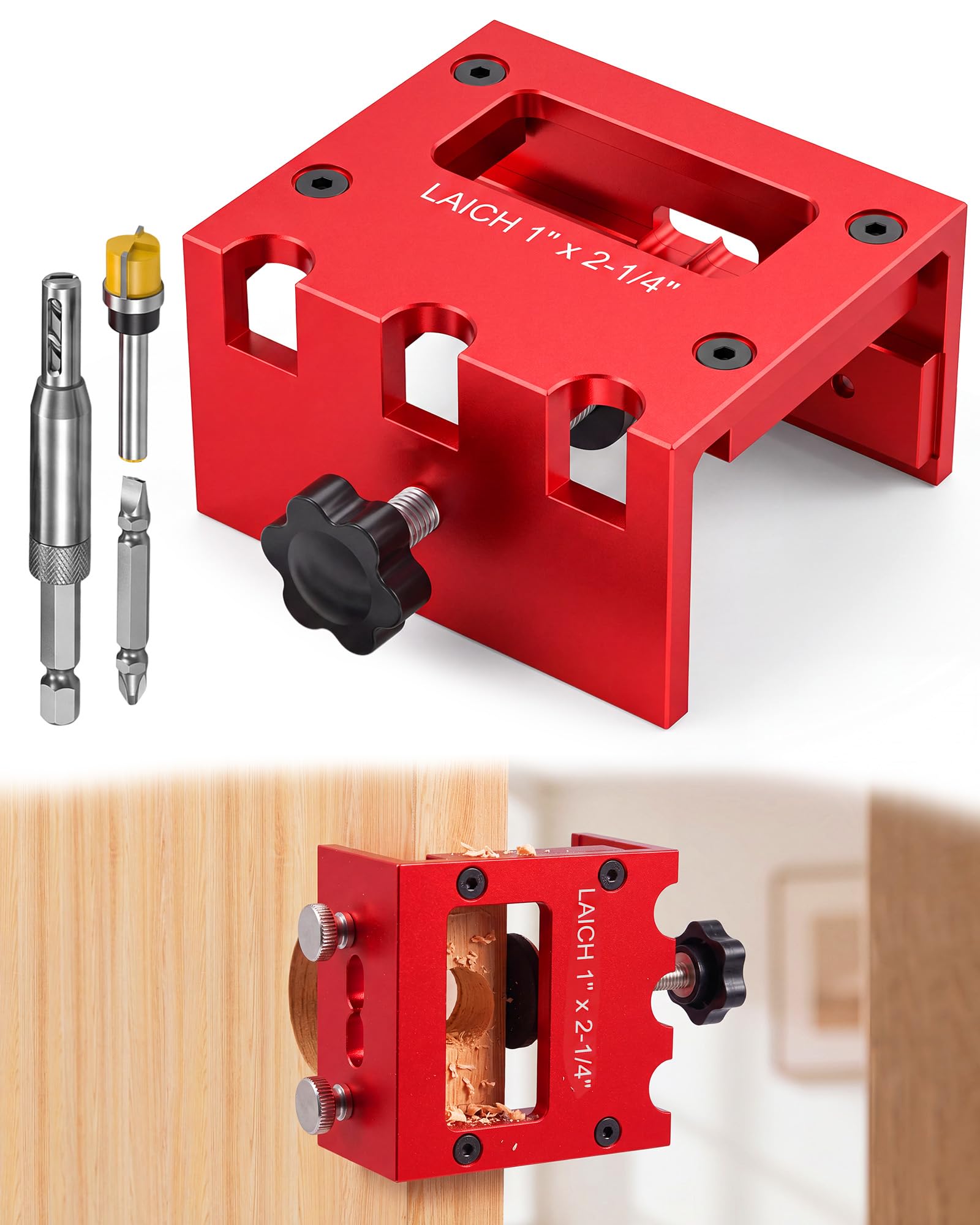 Door Latch Mortise Tool for Router, Aluminum Alloy Door Latch Plate Template Kit, Door Lock & Door Installation Kit, Fits 1-3/8" & 1-3/4" Wood Doors, for 1" x2-1/4 Latch Plates, Not for Strike Plate