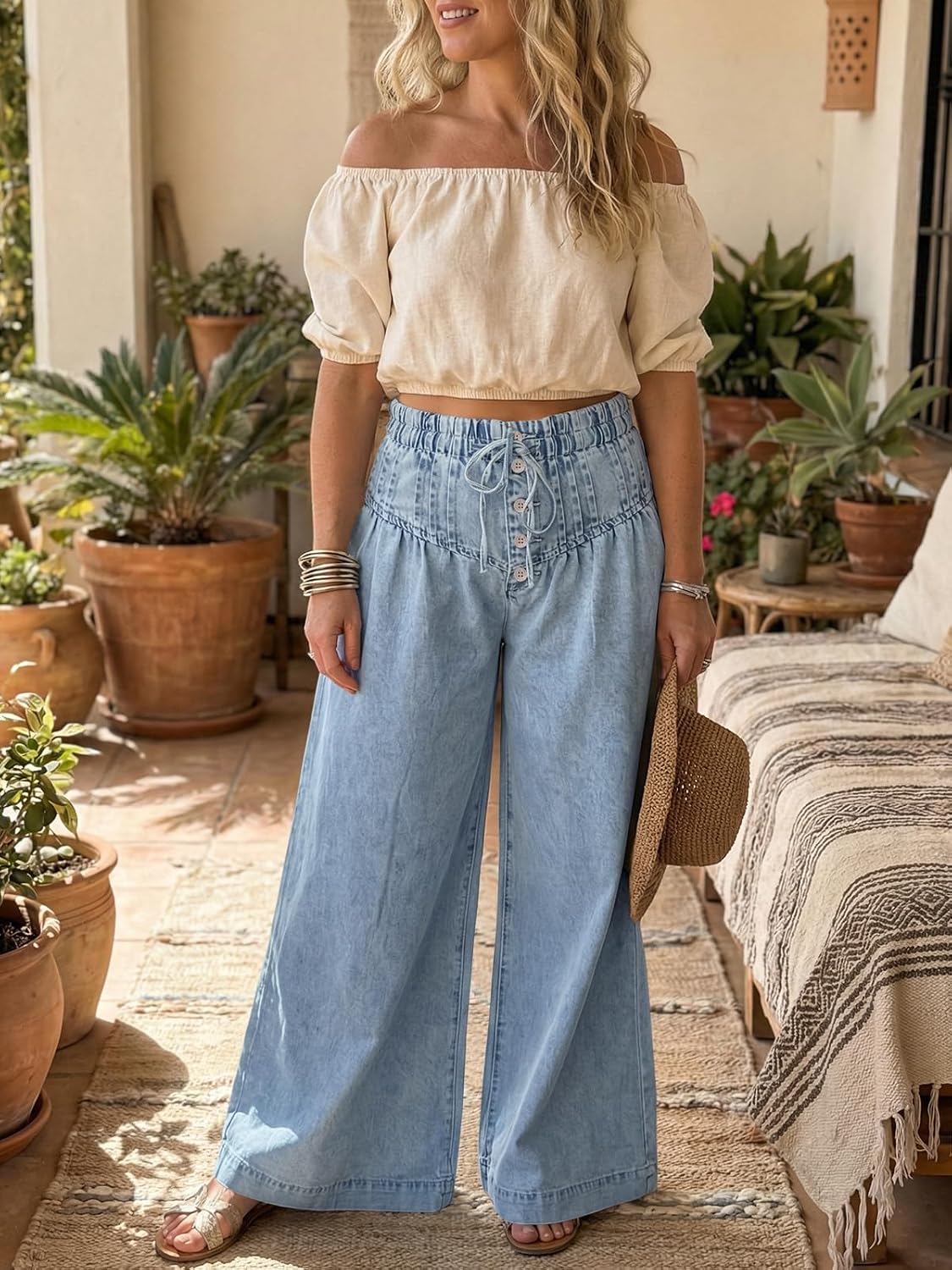Tankaneo Womens Wide Leg Baggy Jeans Pleated Elastic High Waisted Drawstring Palazzo Denim Pants with Pockets