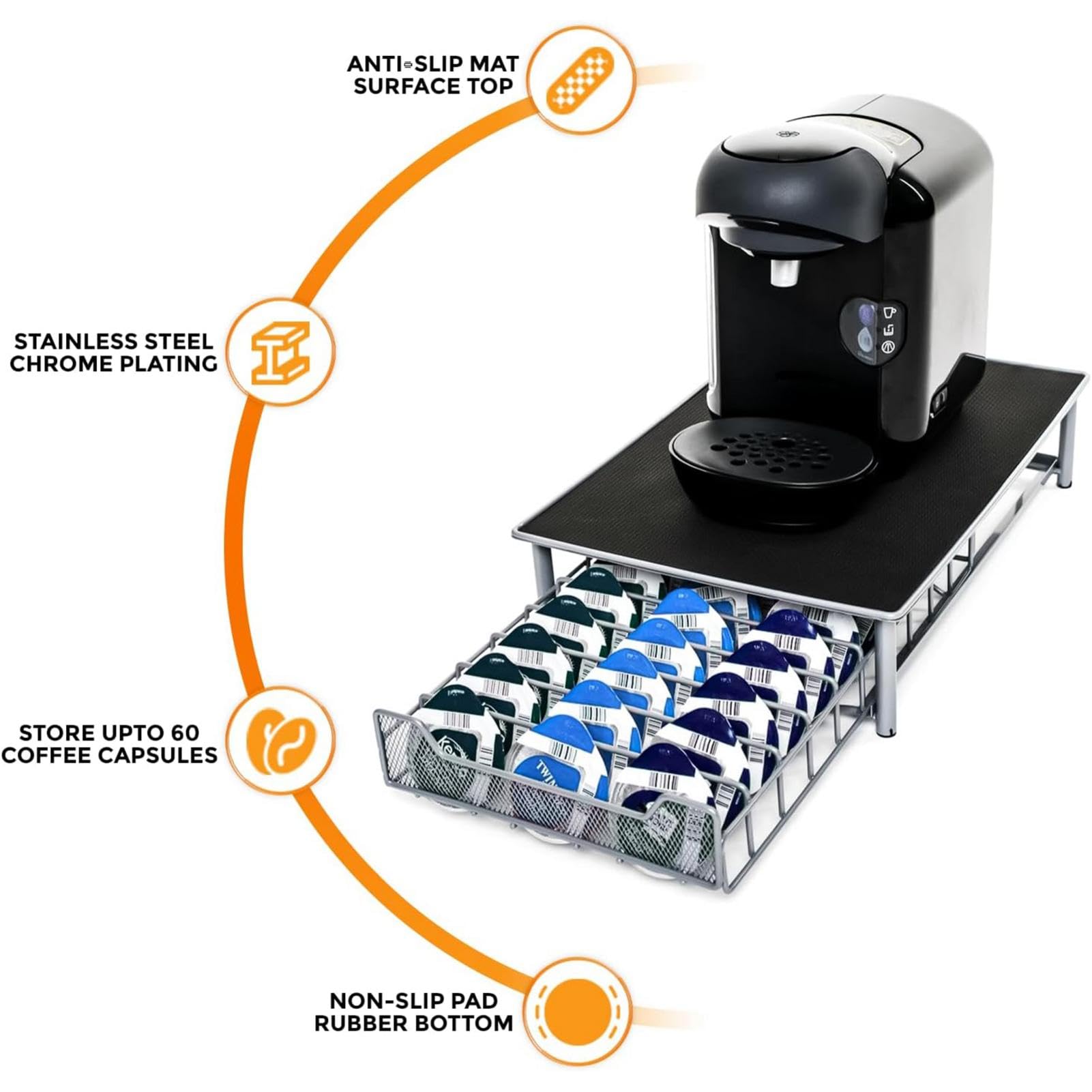 Cassetto portaoggetti per cialde di caffè, organizer per | cassetti per cialde di caffè, Portaoggetti per polvere di caffè in ferro da 60 slot, Cassetto antiurto per polvere di caffè