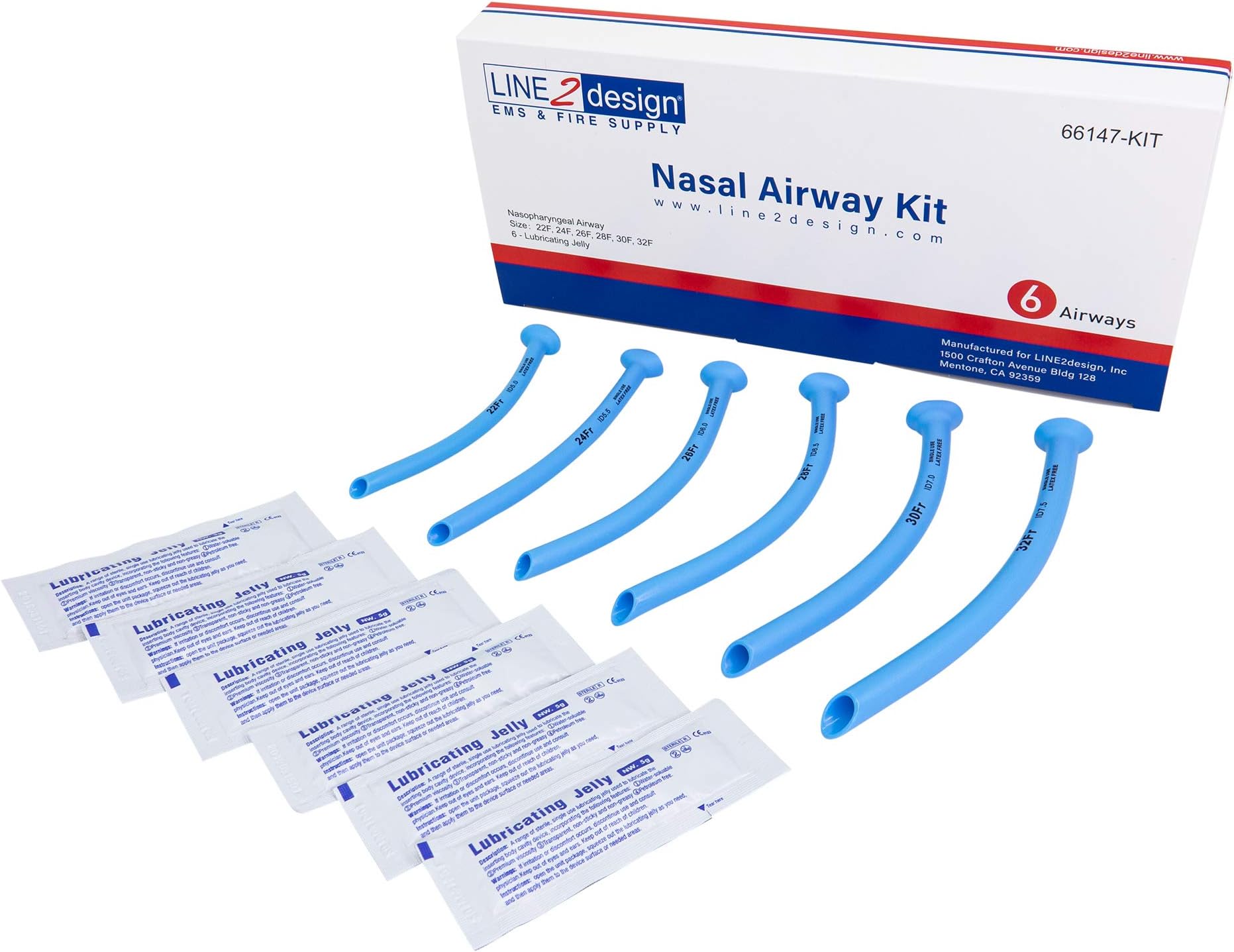 LINE2design Nasal Airway Kit - Medical Nasopharyngeal Management - First Aid Emergency Rescue Latex Free Respiration Tubes with Lubricating Jelly Packets - Pack of 6