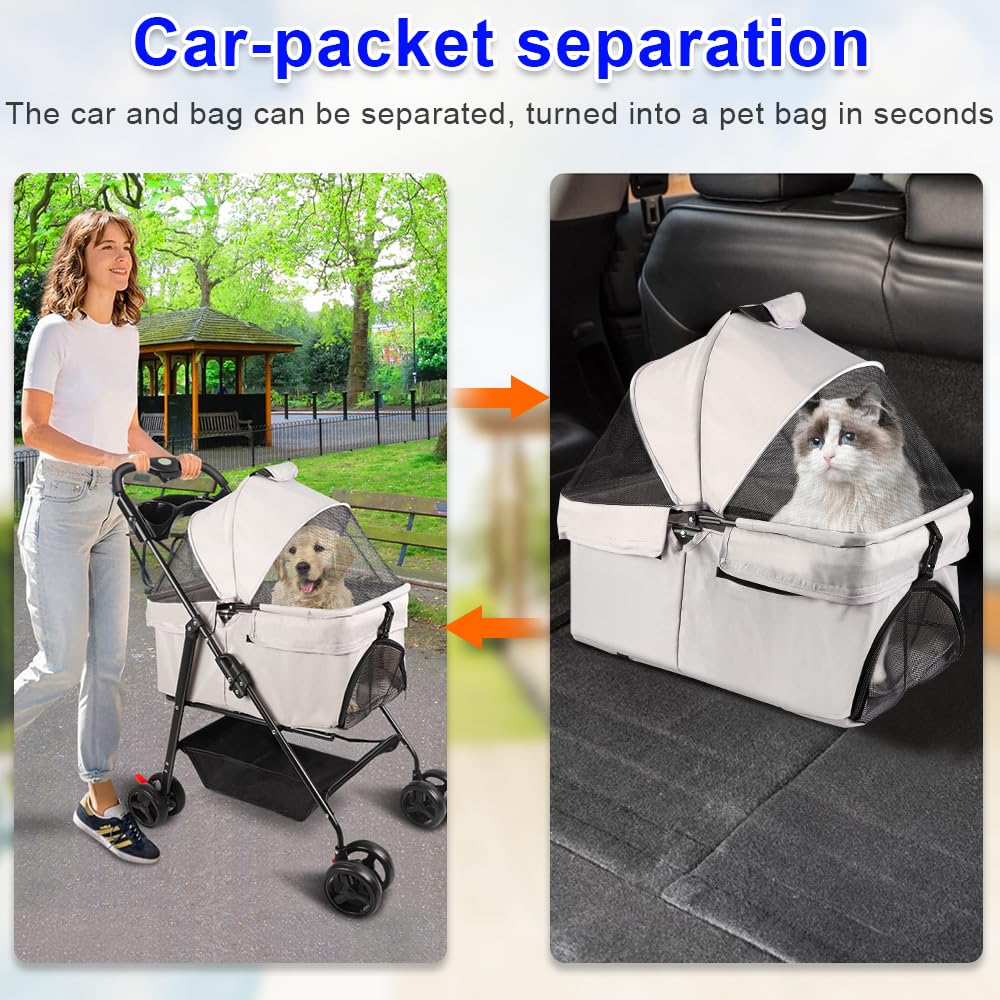 Passeggino pieghevole per animali domestici, passeggino pieghevole per animali domestici, 4 ruote per cani e gatti, cucciolo di piccole e medie dimensioni, A/grigio