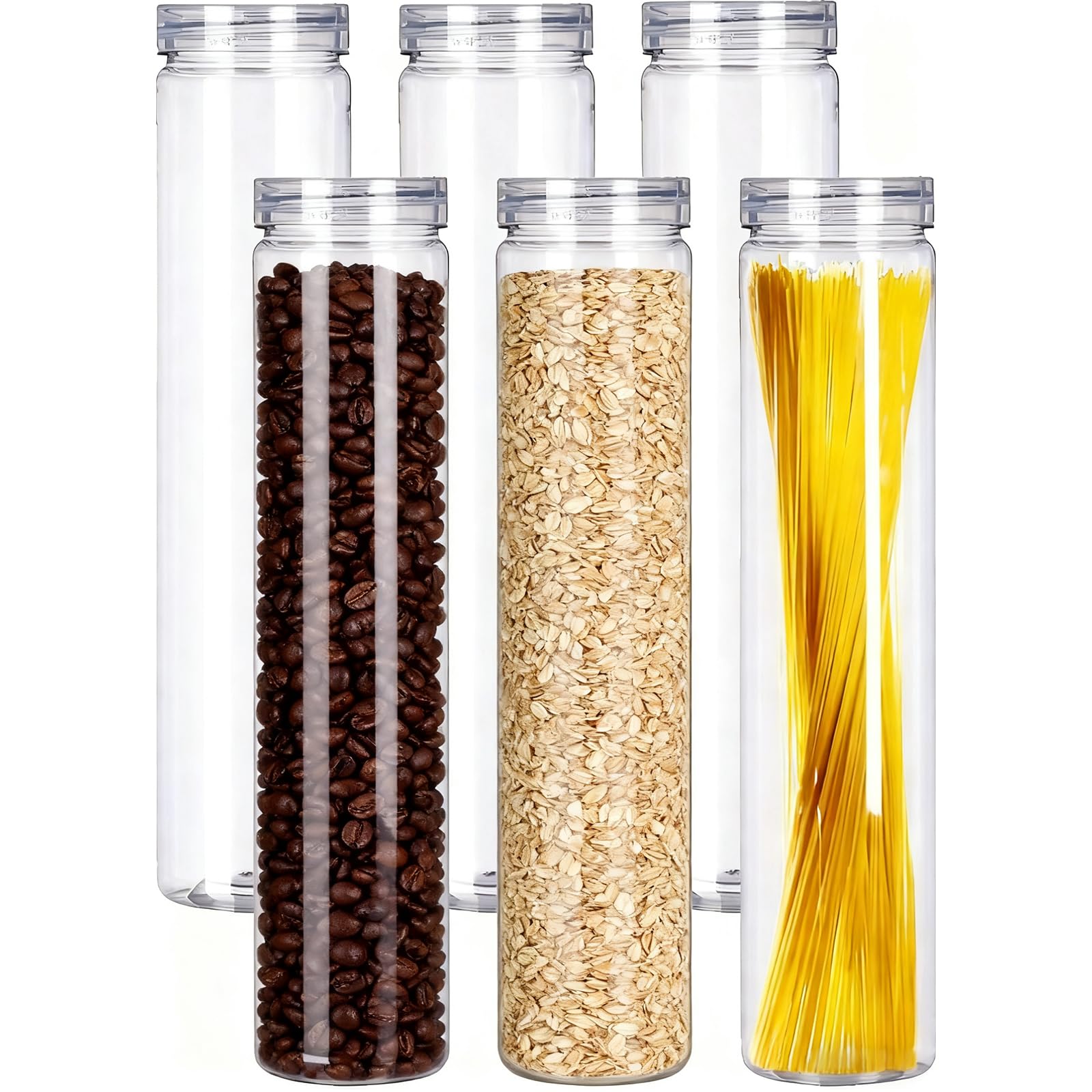 Juego de 6 tarros de plástico transparente para almacenamiento de alimentos con tapa, recipientes redondos transparentes para espaguetis, pasta y productos secos (6 unidades)