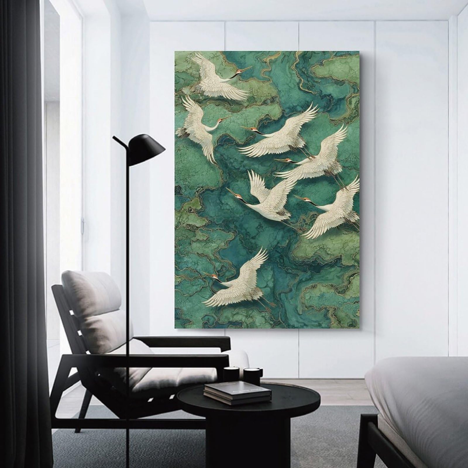 Junmoney Cranes in Flight over Green Waters Wall Picture Print, 20x30inch(50x75cm), for Flats, Guest Rooms Or Compact Rooms, Decorative Canvas Decor for Home Updates