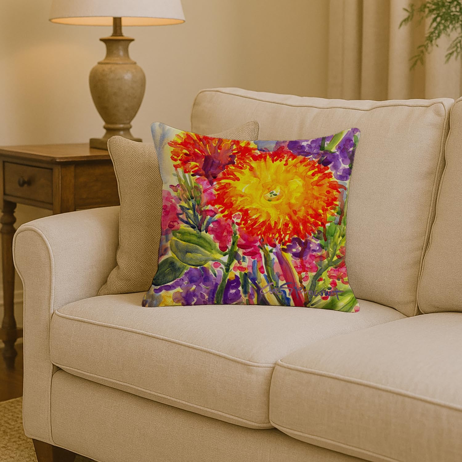 Caroline's Treasures 6077PW1414 Flower - Aster Fabric Decorative Pillow Machine Washable, Indoor Outdoor Decorative Pillow for Couch, Bed or Patio, 14Hx14W