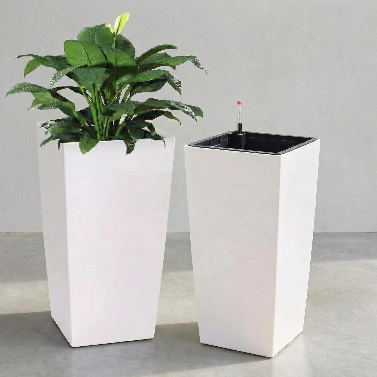 30 Inch Tall Planters Set of 2, Large White Indoor Outdoor Flower Pots for Front Porch, Modern Tall Plant Containers with Drainage Holes, Water Level Indicator & Inner Bucket, Patio Deck Balcony Decor
