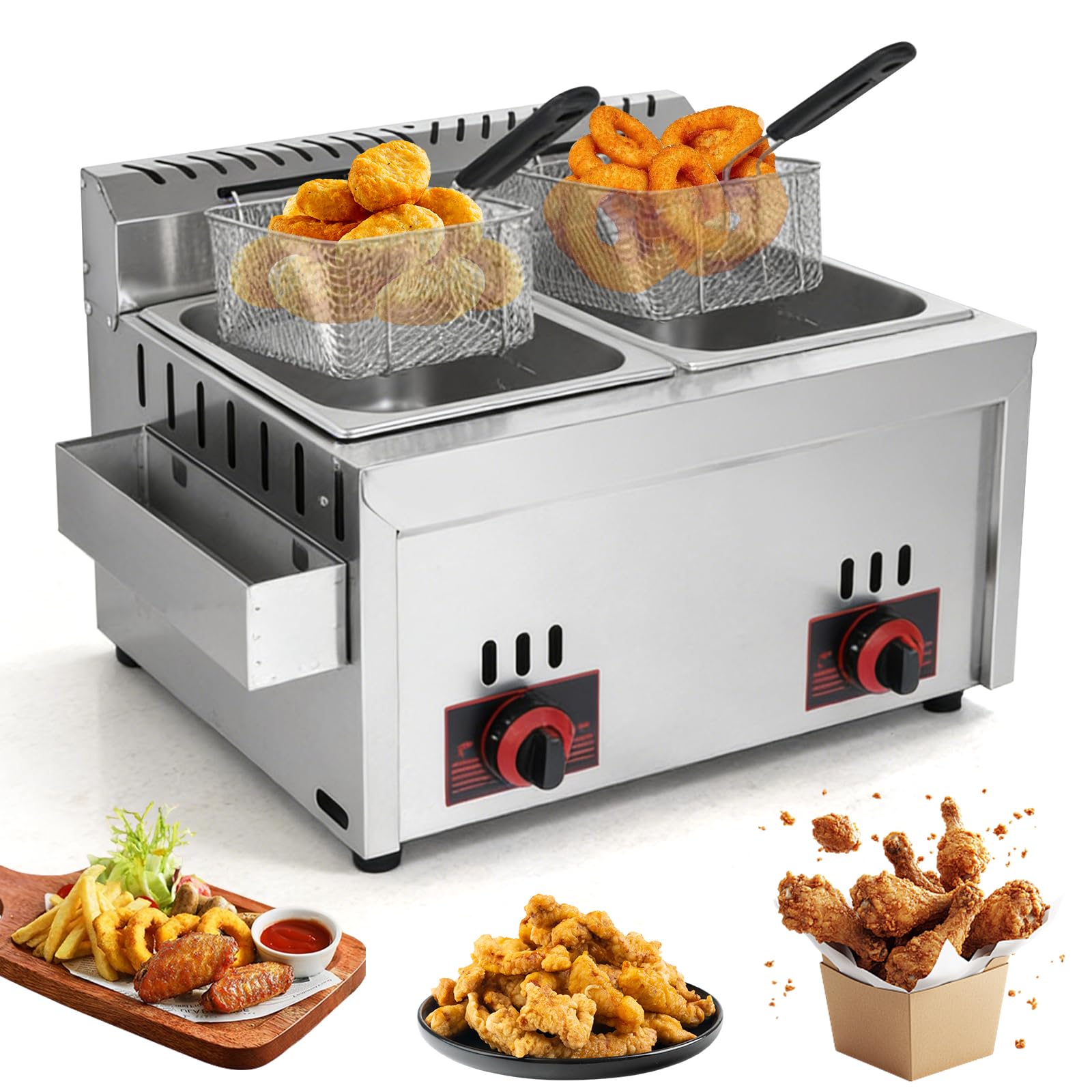 Friteuse à gaz commerciale, 6 l + 6 l, double friteuse à gaz commerciale avec 2 petits et 2 couvercles, chauffage rapide, température réglable pour un usage domestique commercial, restaurant, salle à