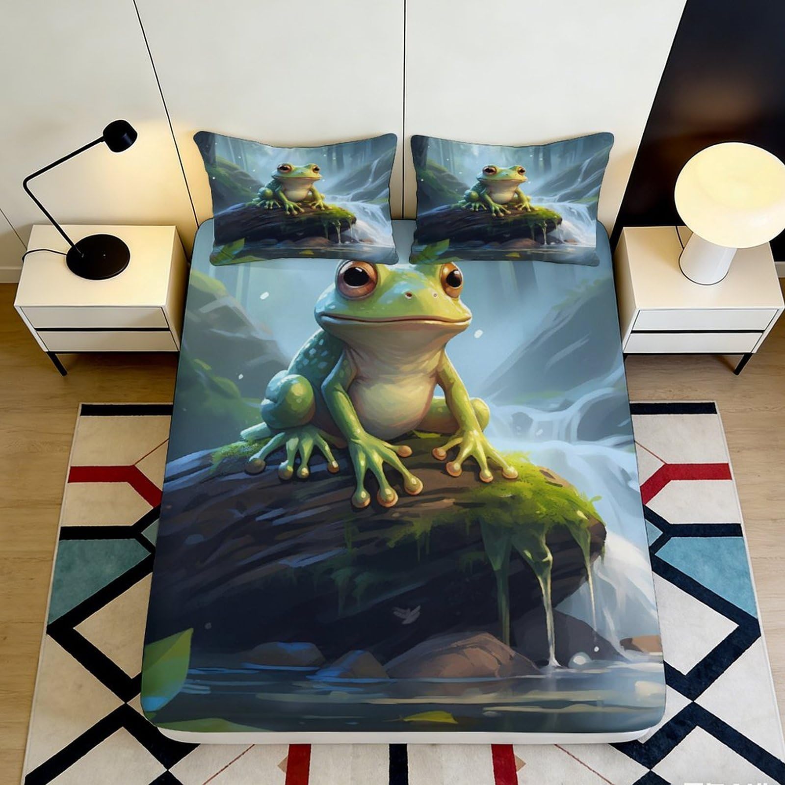 3D Printed Frog Pond Fitted Sheet Microfiber Soft Breathable Forest Rock Mattress Cover for Bedroom Decor 90x200x25cm