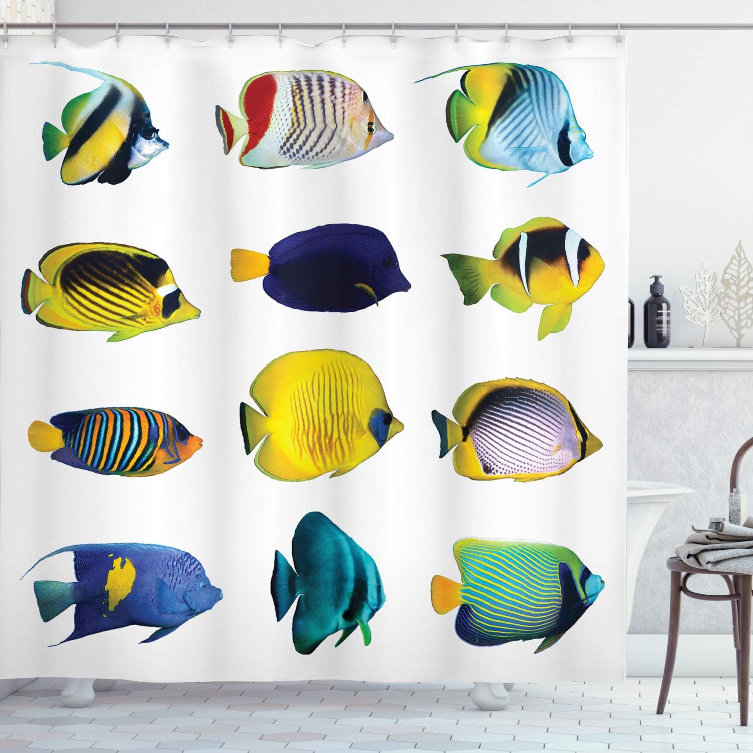 Ambesonne Aqua Shower Curtain, Tropical Fish Animal with Zebrasoma Anemonefish Dive Nemo Aquatic Life Theme, Cloth Fabric Bathroom Decor Set with Hooks, 69" W x 75" L, Navy Yellow