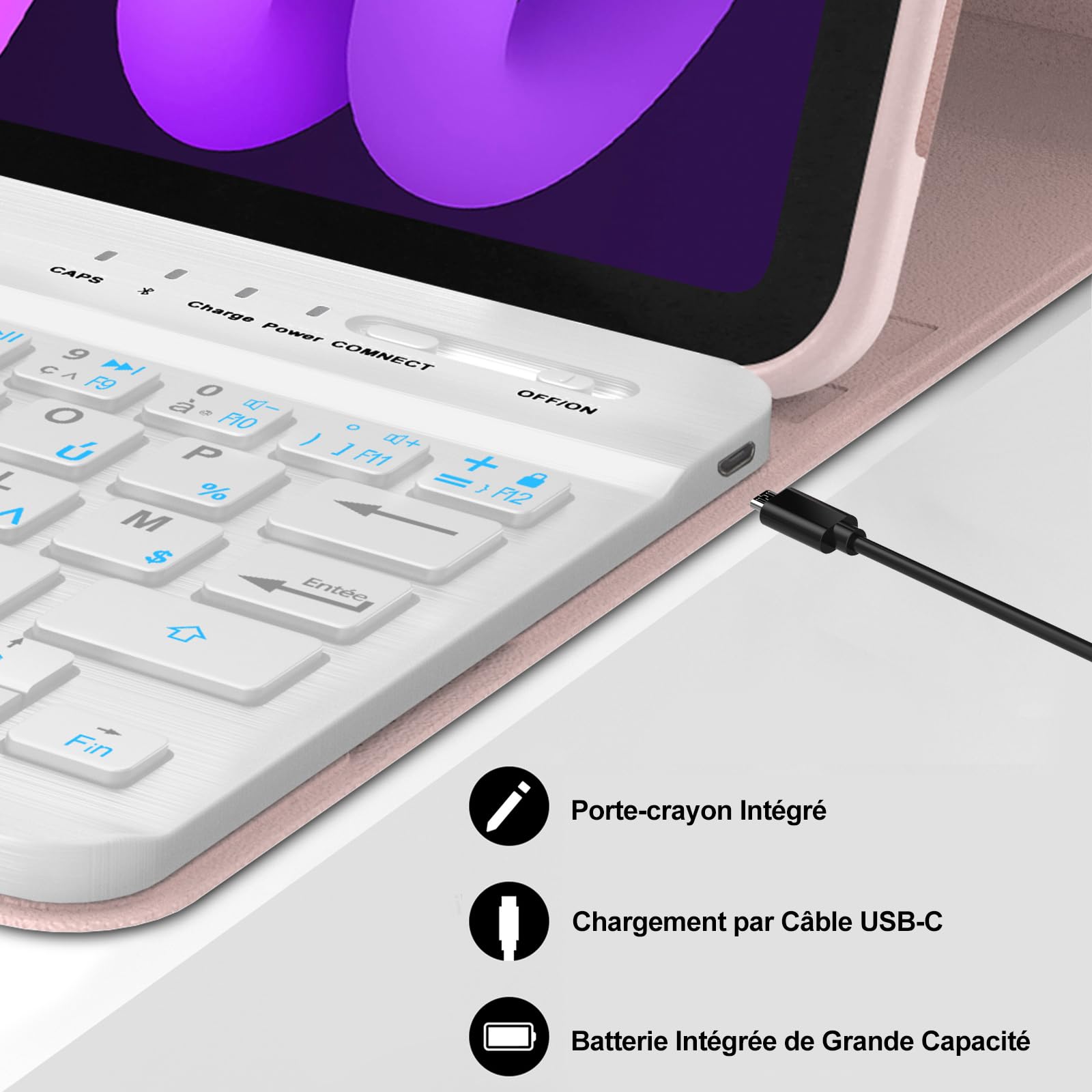 Funda Teclado para iPad Mini 7ª Gen(A17 Pro, 2024) & 6e Gen(2021) 8,3", AZERTY francés Funda Teclado Bluetooth Desmontable con Portalápices para iPad Mini 7/6ª Generación de 8,3 pulgadas, Rosa
