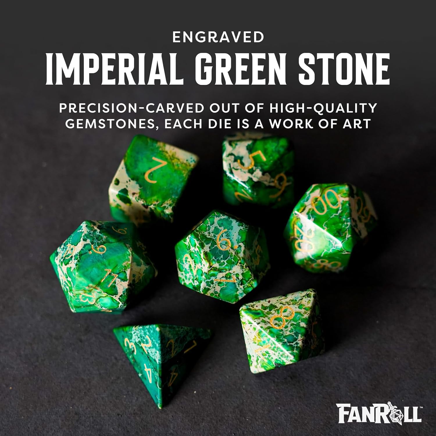 FanRoll 16mm Stone Poly DND Dice Set: Engraved Imperial Stone: Green, Role Playing Game Dice for Dungeons and Dragons