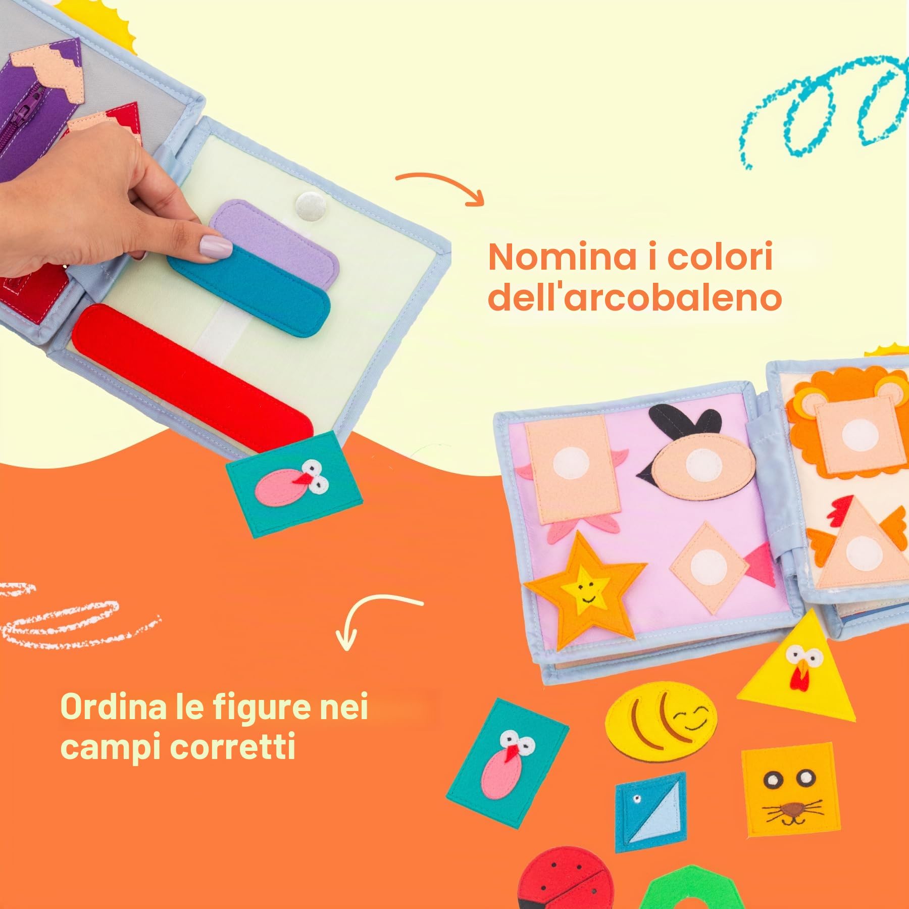 Jolly Designs® Premium Quiet Book Sunshine per bambini | Giocattoli Montessori a partire da 1 anno | Libro delle abilità motorie con varie attività