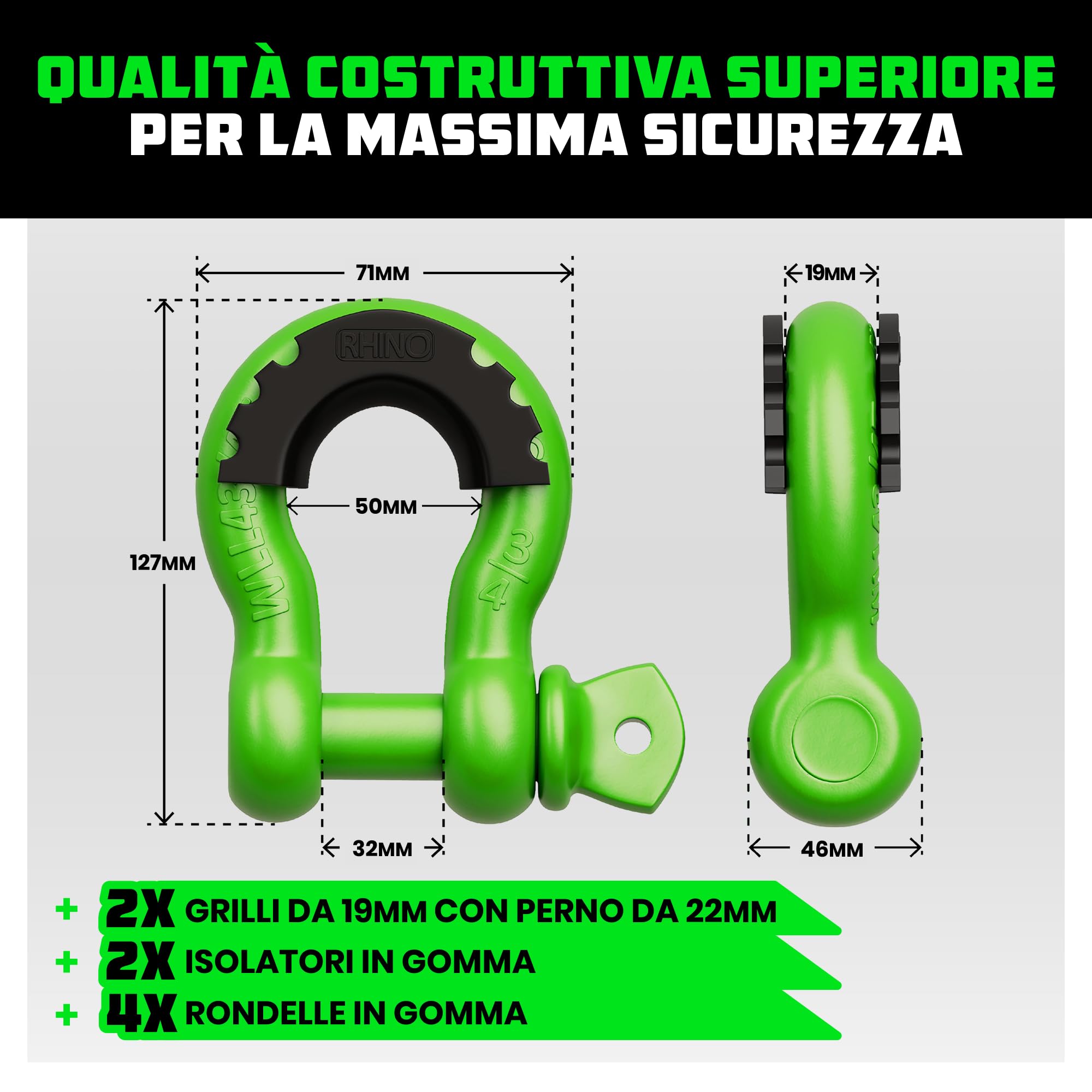 Rhino USA D-Ring Clevis (2 Pezzi) – Resistenza alla Rottura di 18.983 kg - D Annello 1,9 cm con Pin da 2,2 cm per Rimorchio e Uso Off-Road - Coppie con Cinghia di Recupero per Veicoli (Verde)