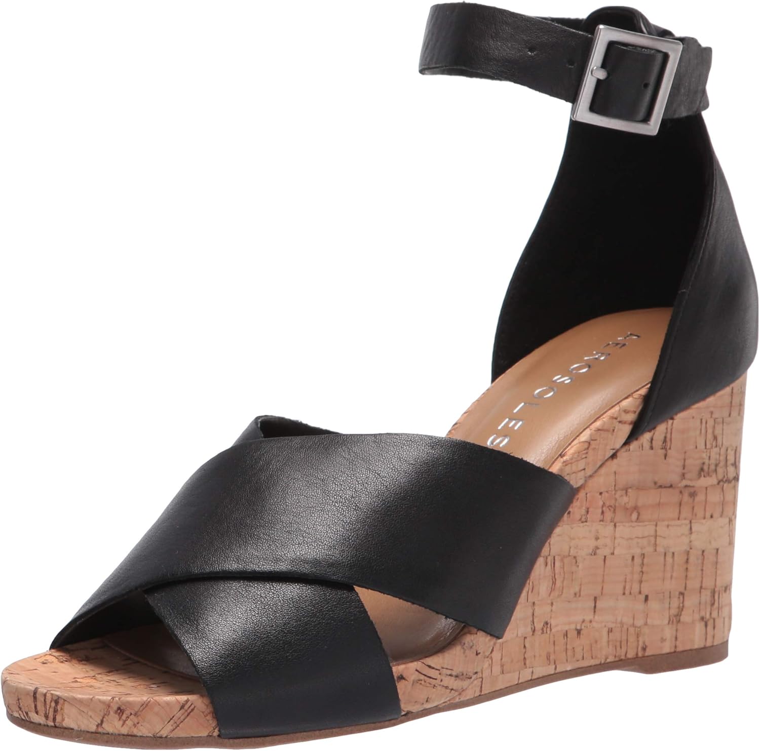 Aerosoles Women's Carnegie Wedge Sandal, Black Leather, 7.5
