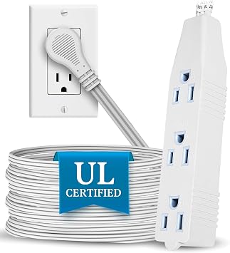 15 Feet Extension Cord/Wire, 3 Prong Grounded, 3 outlets, Angled Flat Plug, White