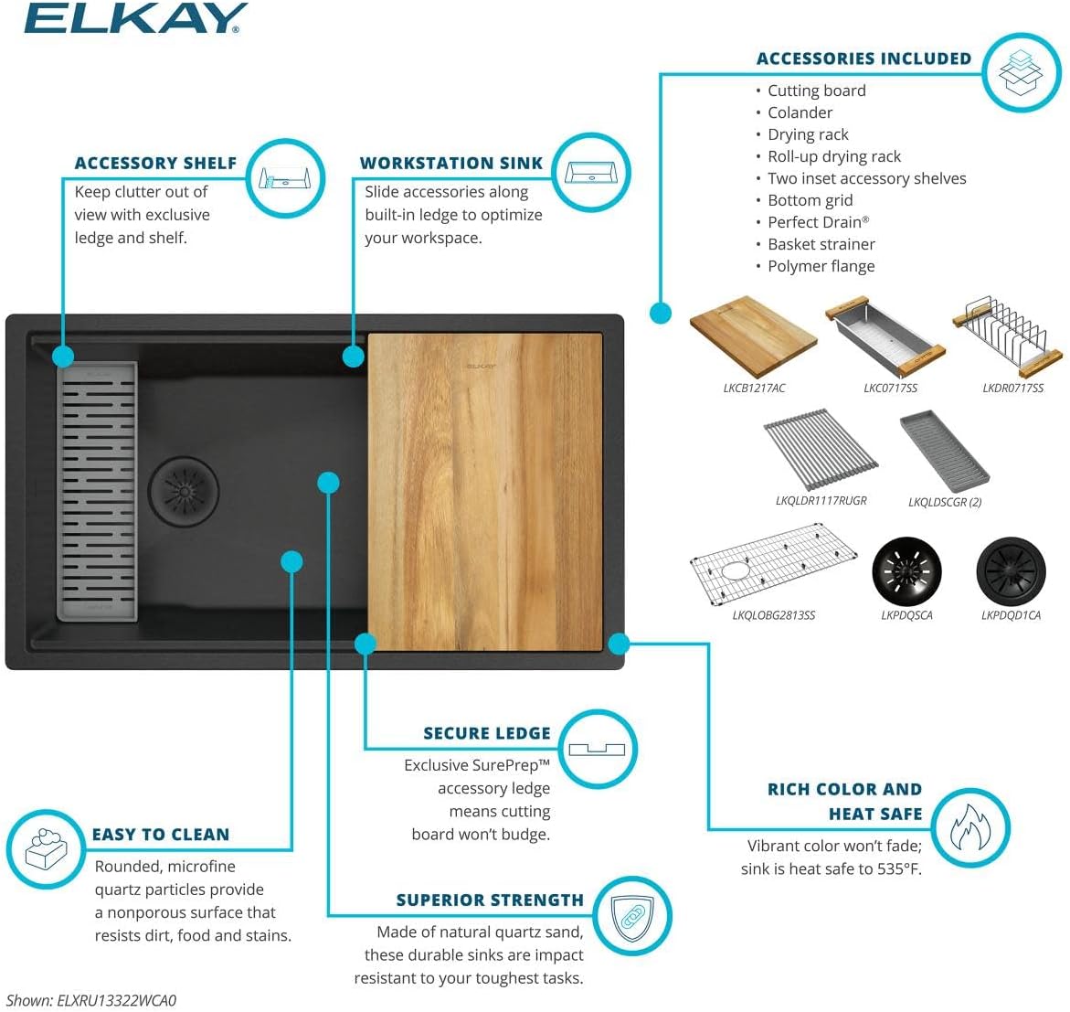 Elkay ELXRU13322W Quartz Luxe 33" Undermount Single Basin Quartz Composite Workstation Kitchen Sink with Basin Rack, Colander and Cutting Board - Ricotta