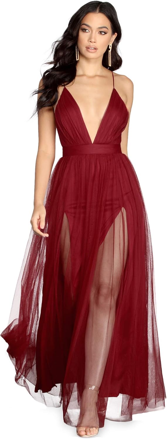 Windsor Long Formal Tulle Dress, Sleeveless V-Neck Tulle Ball Gown with High Front Slits, Weddings, Bridesmaid Dresses,