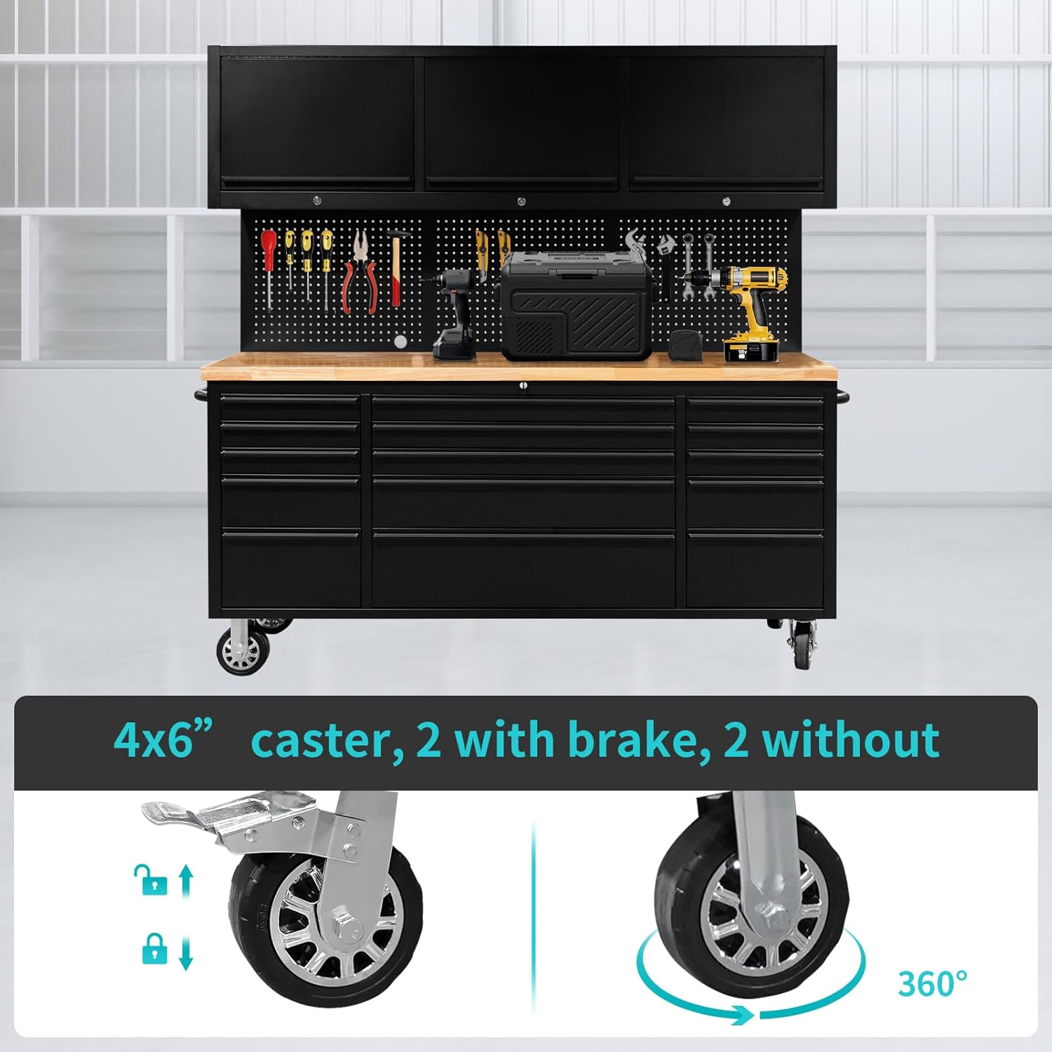 CHETTO C 72 inch Tool Chest Tool Box Mobile 15 Drawers Storage 3 Upper Cabinets SS-Pegboard Rolling Cabinet with Wheels Lock Key Locking System Drawer Liners for Garage Warehouse Repair Shop Black