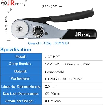JRready ST2178 Deutsch Crimpzange mit drei Positionierern und Entfernungswerkzeugen für 12# 16# und 20# Kontakte – ACT-HDT Crimpzange für Automobile Lastwagen Busse und Boote