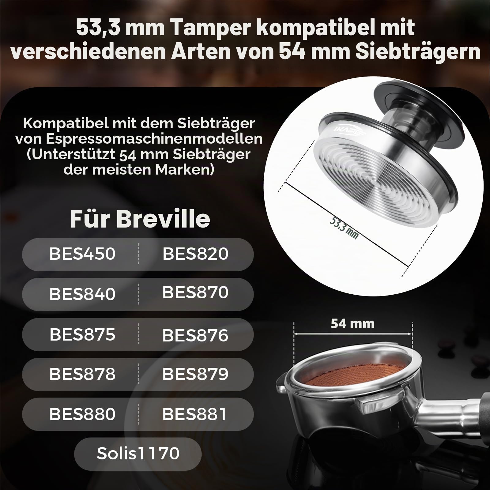 IKAPE 53 mm Espresso-Werkzeugset, schwarz, 8-in-1: Kaffeetamper, Verteiler, Magnettrichter, Kaffeepucksieb, Tamperstation, Rühr- und Verteilerwerkzeug, Reinigungstuch und Bürste