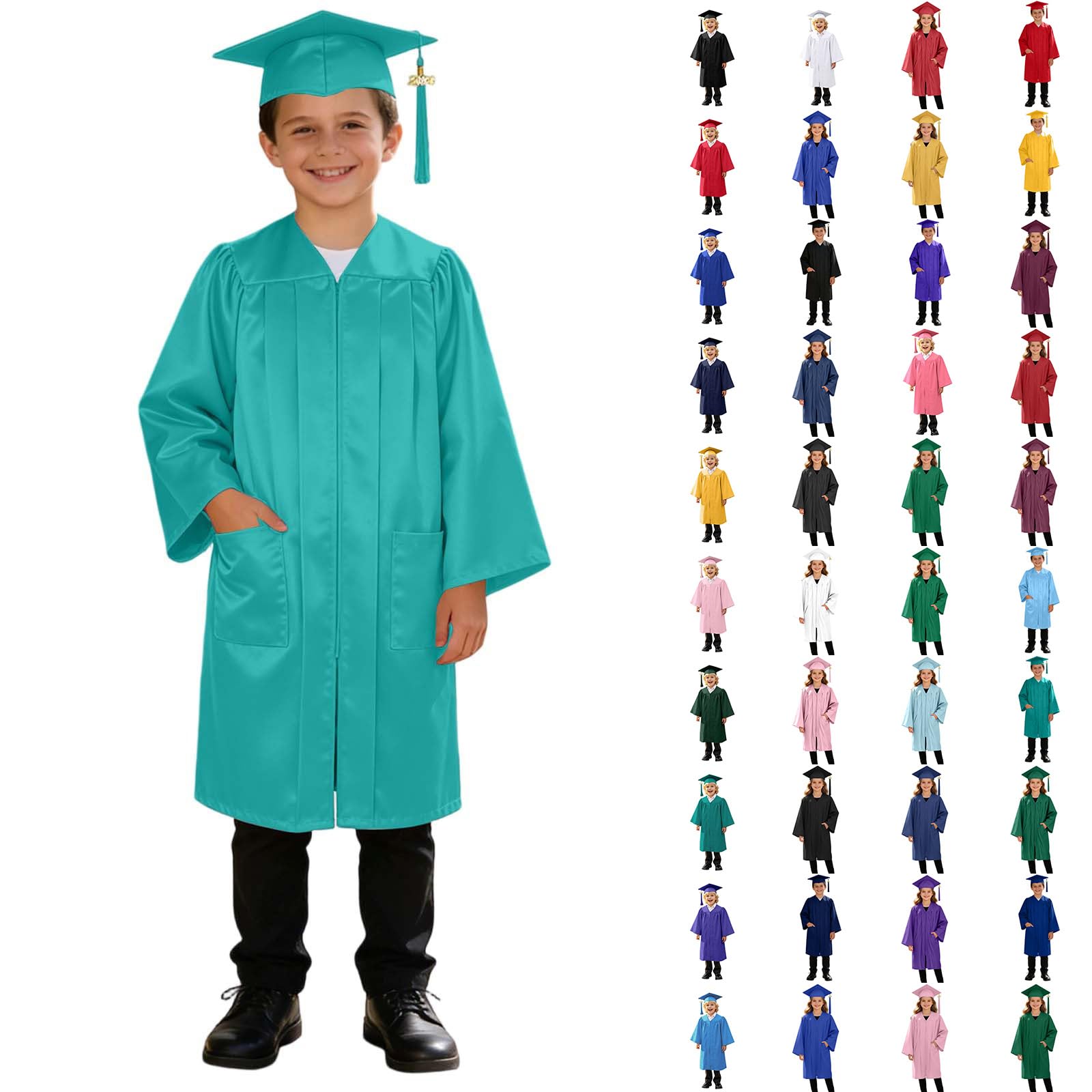 3 Piece Graduation Set for Kids, Gown, Cap, Gold 2026 Tassel, Unisex Boys Girls Preschool Kindergarten Primary School Graduation Gown and Cap Dress Up Props Costume, 43-Mint Green