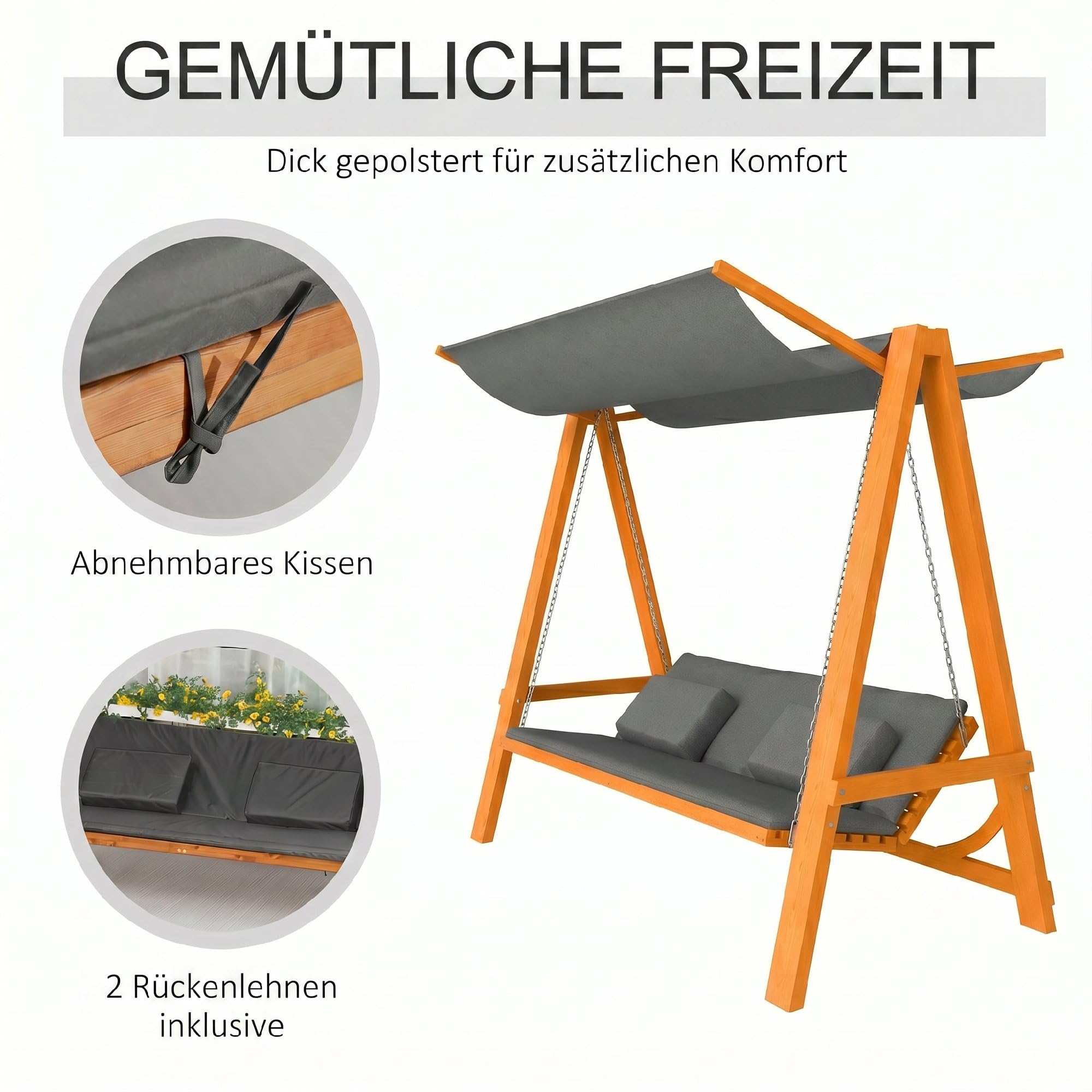 Outsunny Hollywoodschaukel mit Bettfunktion 3-Sitzer Holzschaukel mit verstellbarem Sonnendach Lärche Gartenschaukel belast 240kg Gartenliege Schaukelbank für Terrasse, 225,5 x 130 x 180 cm Grau+Teak