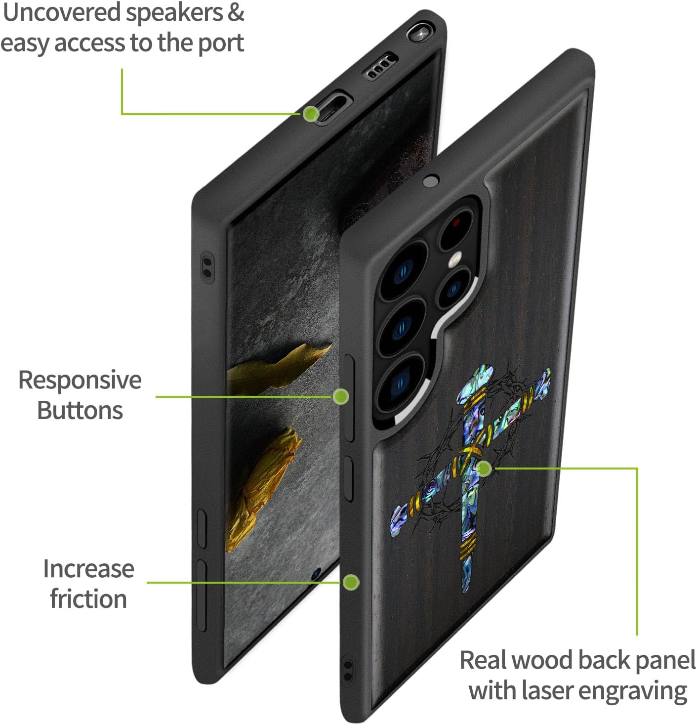 Carveit Designer Wooden Case for Samsung Galaxy S23 Ultra Cover [Wood Engraving & Shell Inlay] Compatible with Wireless Chargers S23 Ultra Case (Crucifix Nails-Blackwood)