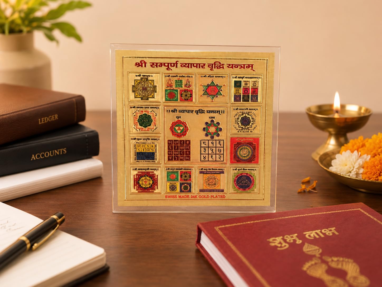 DIVINE GLOW Shri Sampurna Vyapar Vriddhi Yantra for Shop Office Cash Counter with Back Stand Easy Puja Vidhi Included-image-28