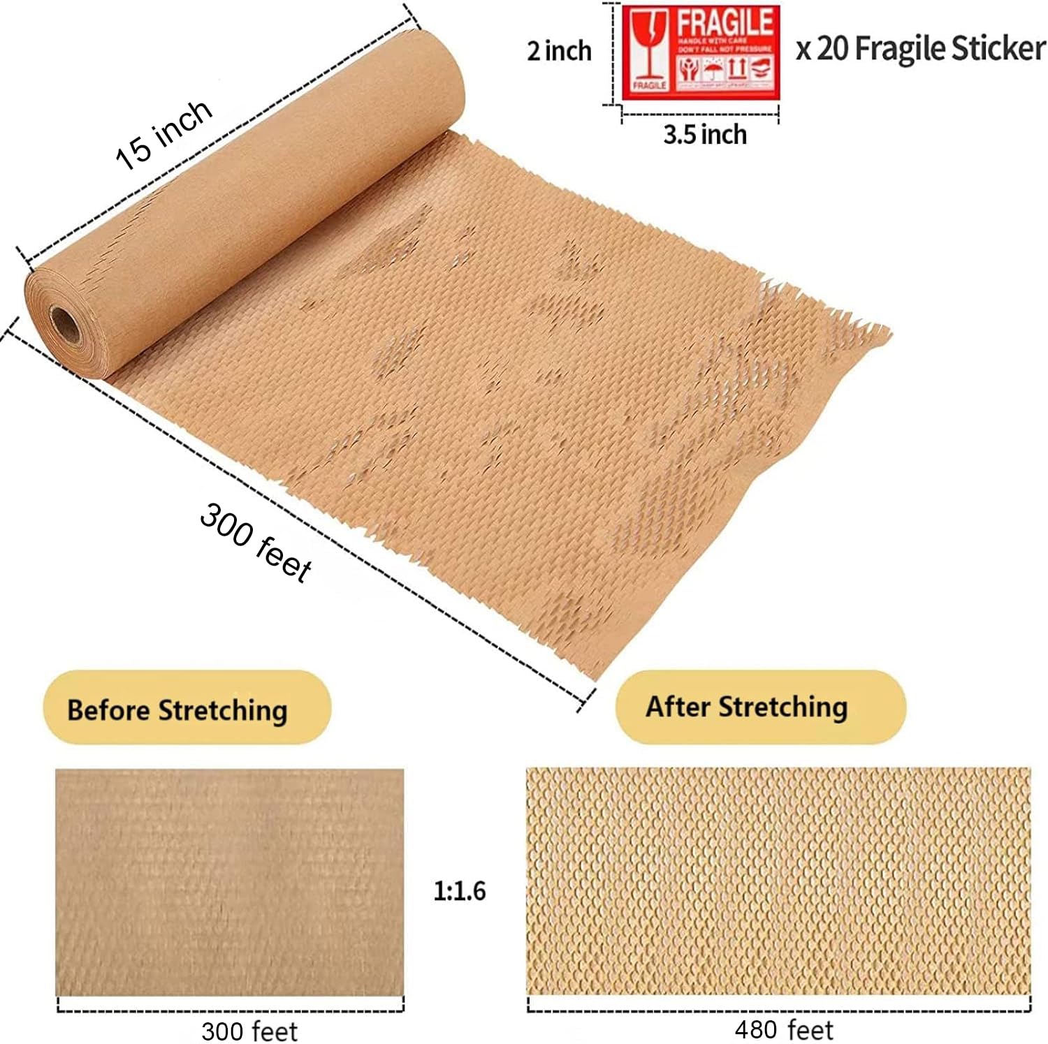 Papel de embalaje de panal, rollo de papel de burbujas de 15 x 300 pies para mudanzas, envíos, regalos de embalaje rompibles con 20 calcomanías frágiles biodegradables y totalmente reciclables, papel