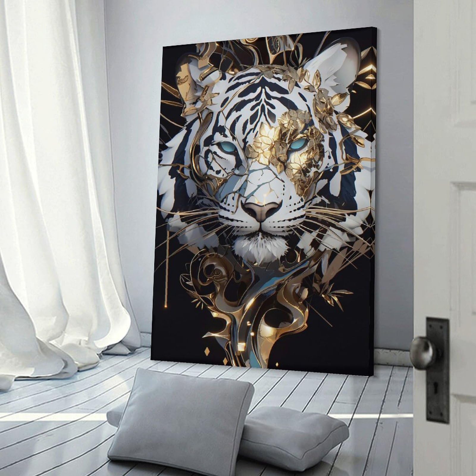 Junmoney Home Decor Wall Art White Tiger with Golden Floral Adornments, 20x30inch(50x75cm), for Gallery Wall Decor And Room Displays, An Easy Match for Collected Prints