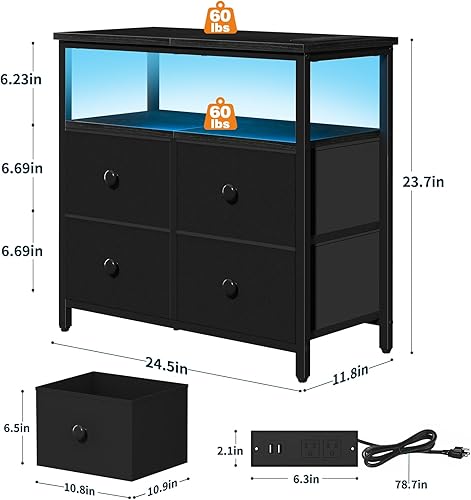 Miniatura 3 de Yoobure Mesita de noche con estación de carga, mesita de noche con 4 cajones, cómoda LED con estante de almacenamiento, mesitas de noche para