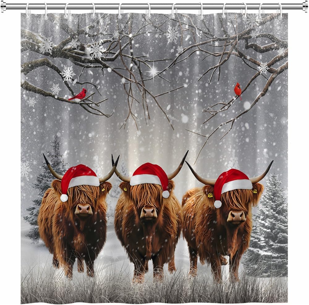 Christmas Highland Cow Shower Curtain Funny Farmhouse Animal Western Cattle with Xmas Hat Red Bird Winter Forest Snowflake Natural Scene Bathroom Decor Polyester with Hooks 70Wx90H Inch
