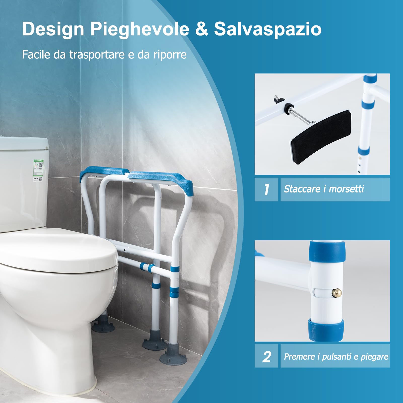COSTWAY Supporto di Sicurezza Telaio Autonomo per WC, Supporto per WC Regolabile in Altezza e Larghezza con Cinghia di Fissaggio, Con Ventose Antiscivolo (Blu)