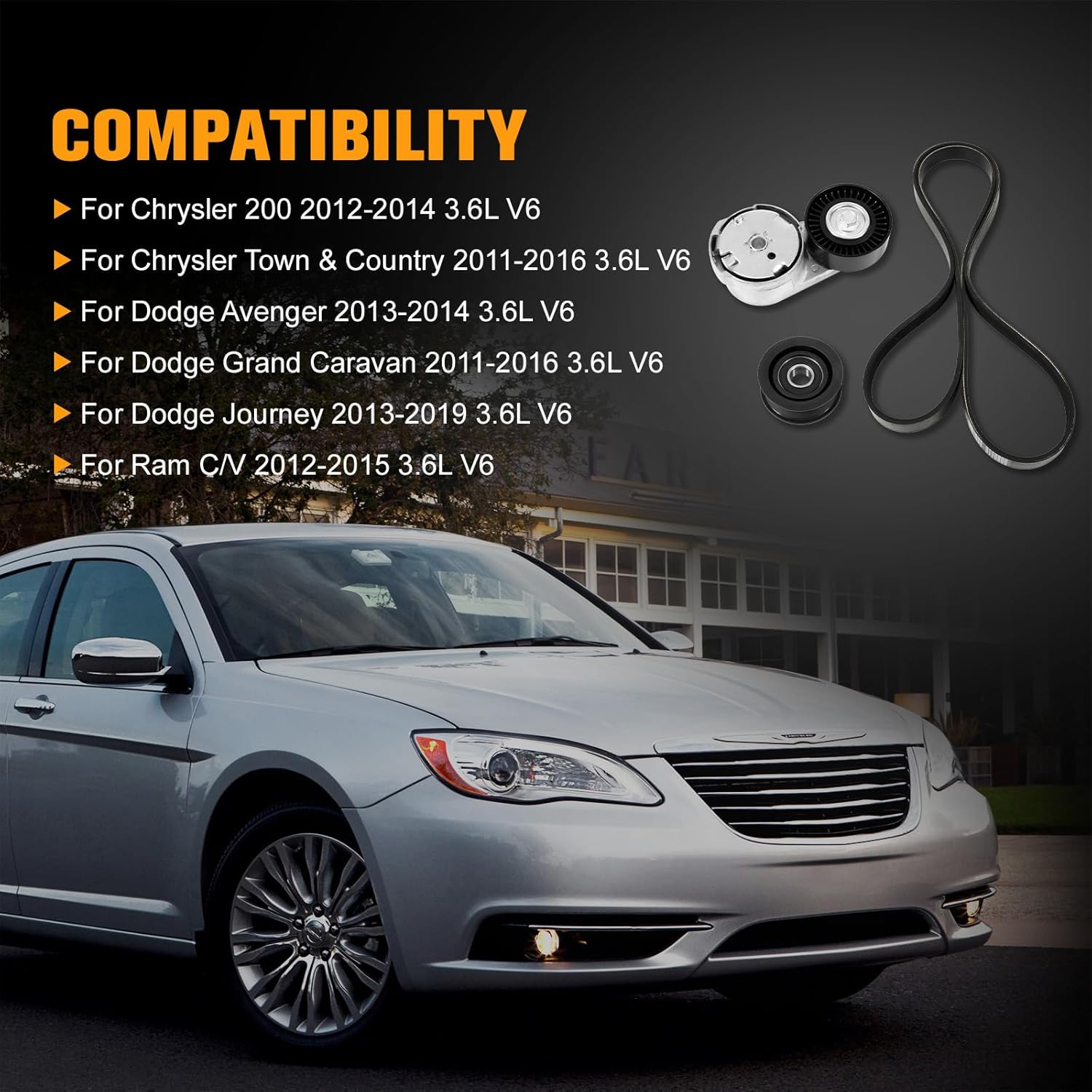 Engine Drive Belt Tensioner Idler Pulley Serpentine Belt Drive Kit Fit for Chrysler 200 Town & Country, Dodge Avenger Grand Caravan Journey, 3.6L V6, 2011-2019 - Replace 90K-39282D