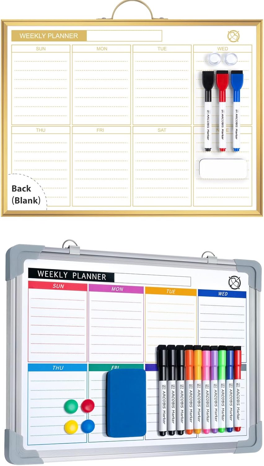 Small Weekly White Board Dry Erase for Wall and Gold Dry