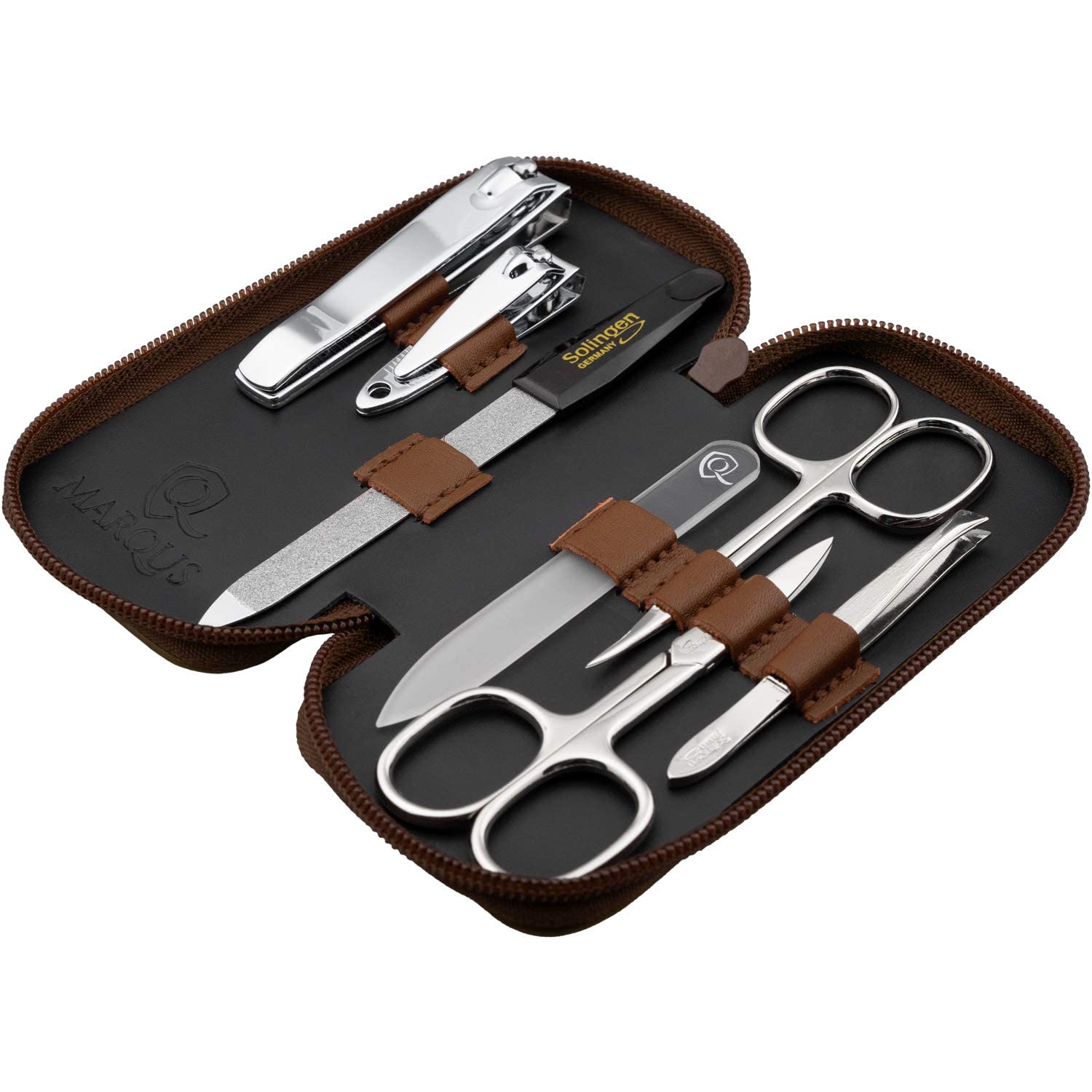 marQus Maniküre Set Damen und Herren Solingen Made in Germany 7 Teile mit patenierter Glasfeile für Hand- und Fußpflege - Echt Leder Etui handlich und weich