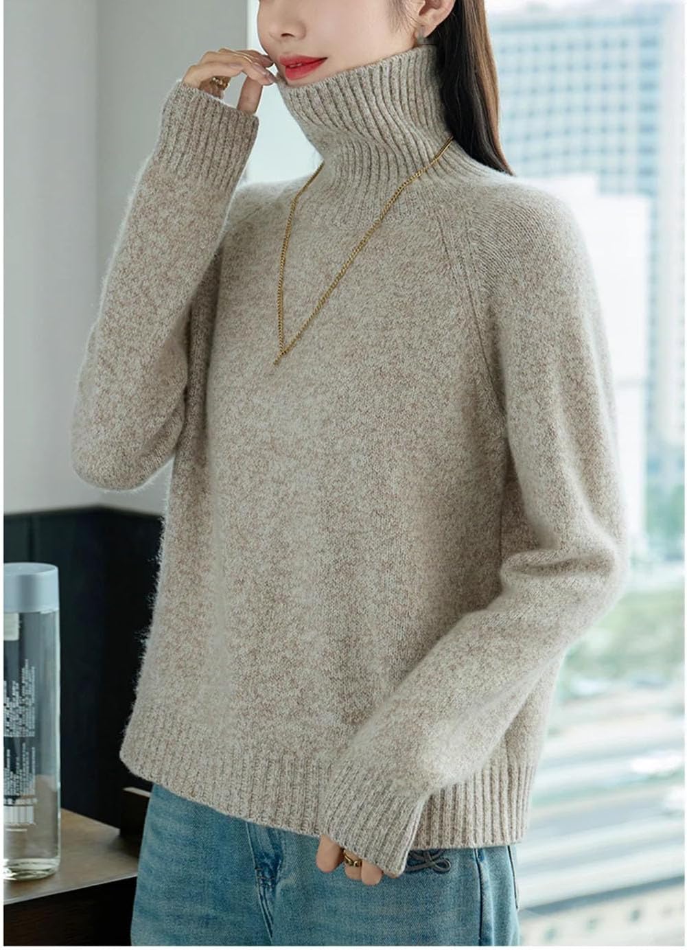 Women's 100% Wool Sweater Winter Chunky Warm Loose Pullover Jumper Long Sleeve Turtleneck Soft Knitted Tops