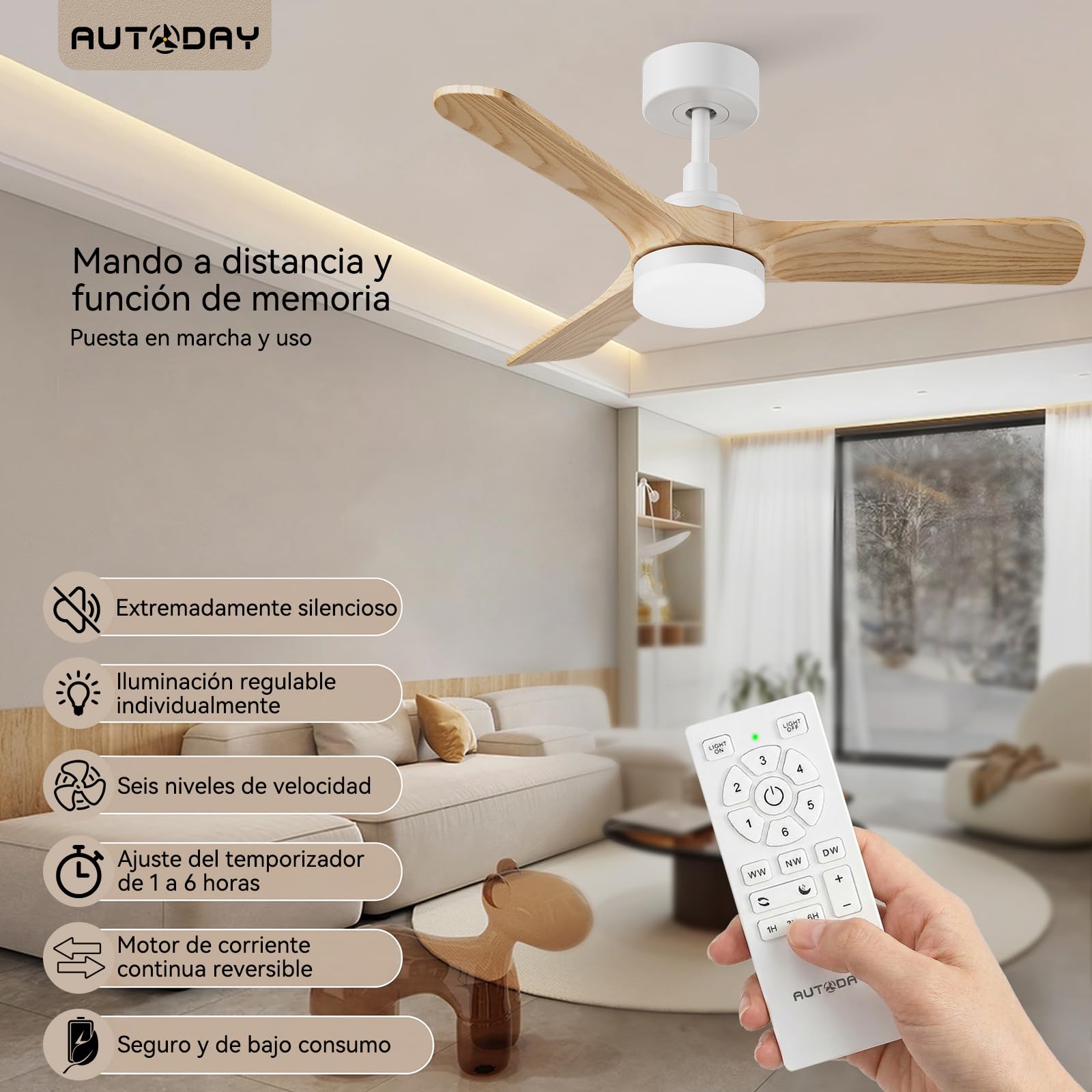 Ventilador de techo con Luz Lámpara LED diámetro 90 cm Ultra Silencioso Ventilador Techo 30 W, 3 Aspas Reversibles,Mando Distancia y Temporizador 1/3/6H,Función Verano-Invierno,6 velocidades