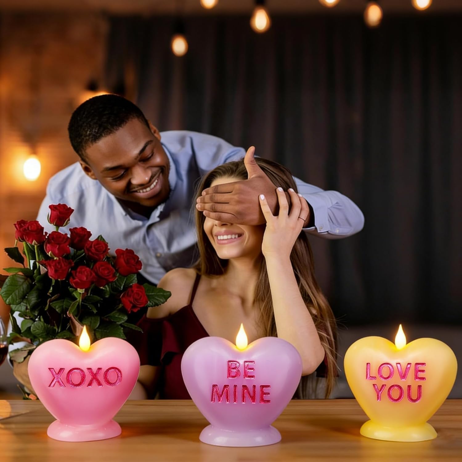 3 Pack Valentine's Day Candles Heart Candle Flameless Candles Flickering Battery Operated LED Heart Shaped Candles with Realistic Warm Flame Effect Romantic Decor for Wedding Anniversary