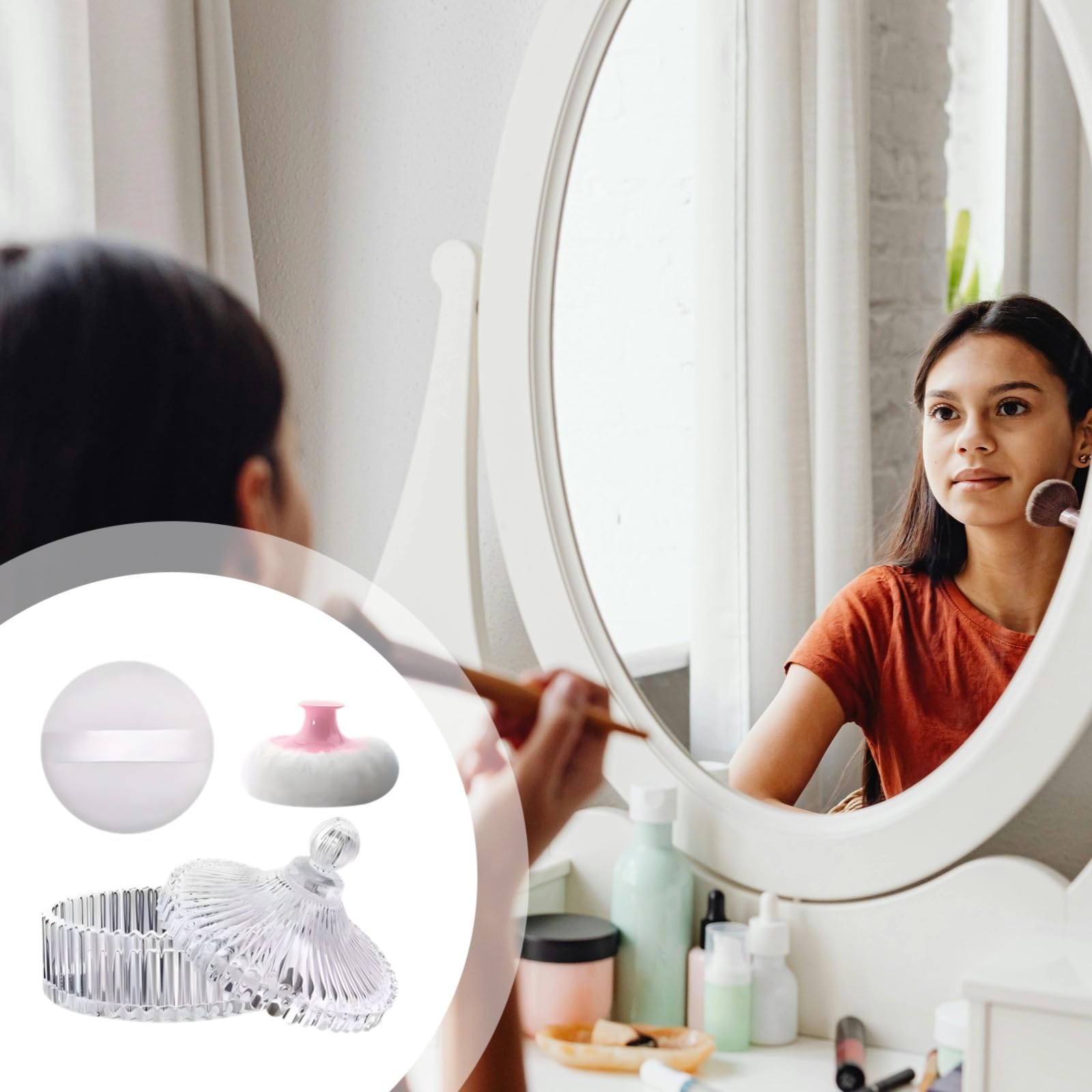 LUMINFLY Body Powder Puff with Extra Large Container, Transparent Stripes, Glass Fiber Material, Elegant