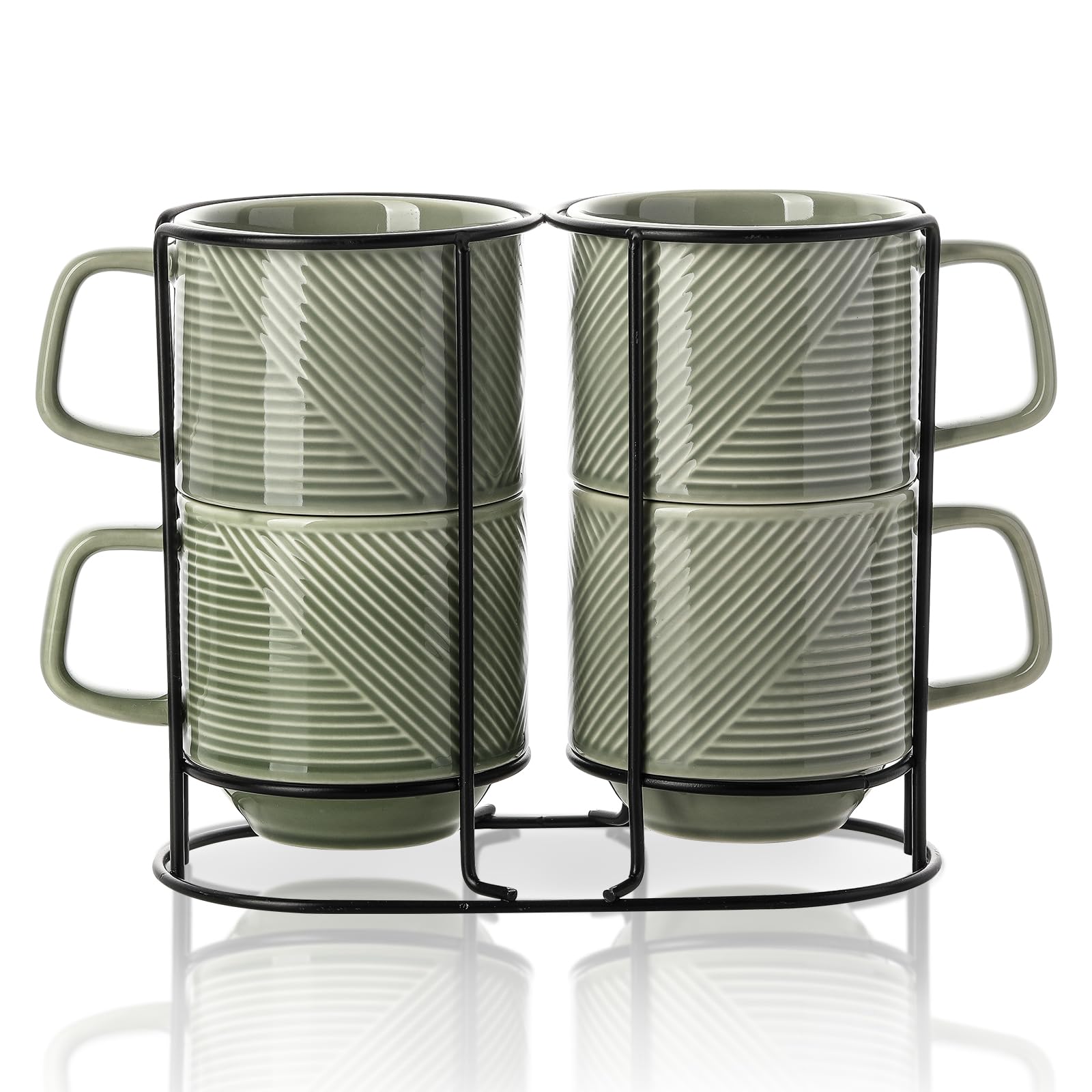 Photo 1 of **MINOR DAMAGE**
Adewnest Stackable Coffee Mugs with Rack: 13 oz Stacking Ceramic Cups with Stand - Porcelain Stacked Tea Mug Set of 4 (Pea Green)