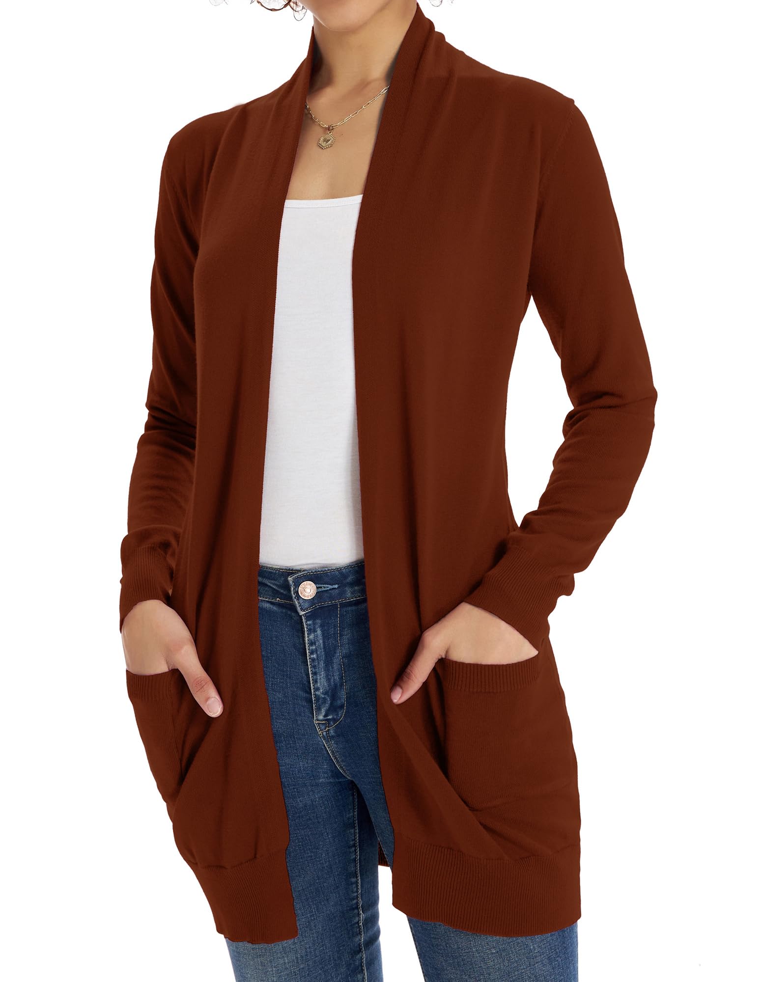 GRACE KARIN Womens Casual Fall Outfit Long Sleeve Cardigan Sweater Pockets Russet Brown M