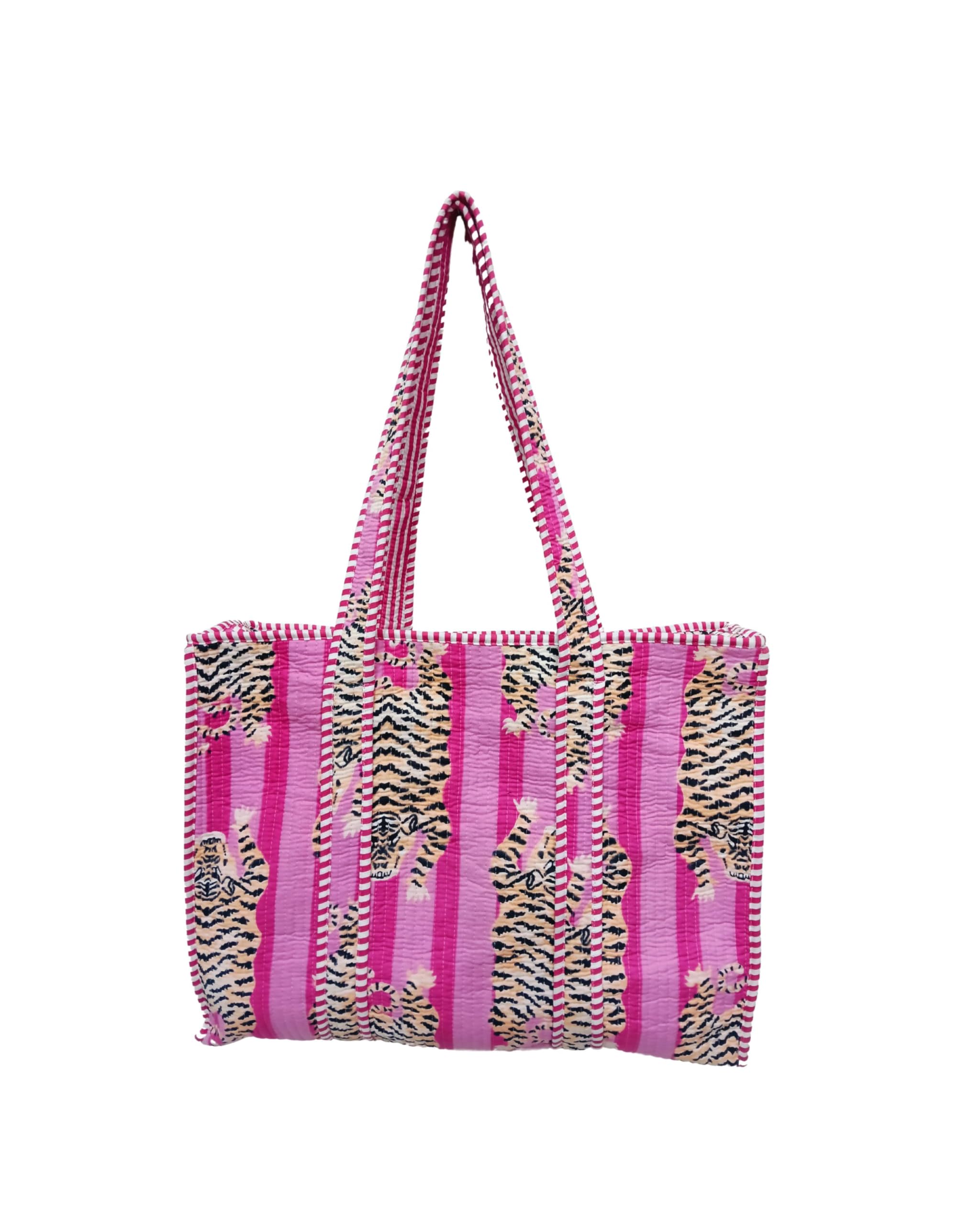 Women Handblock Floral Quilted Lightweight Travel Top Zipper Bag Purse Cotton Shoulder Tote Bag & Beach Bag