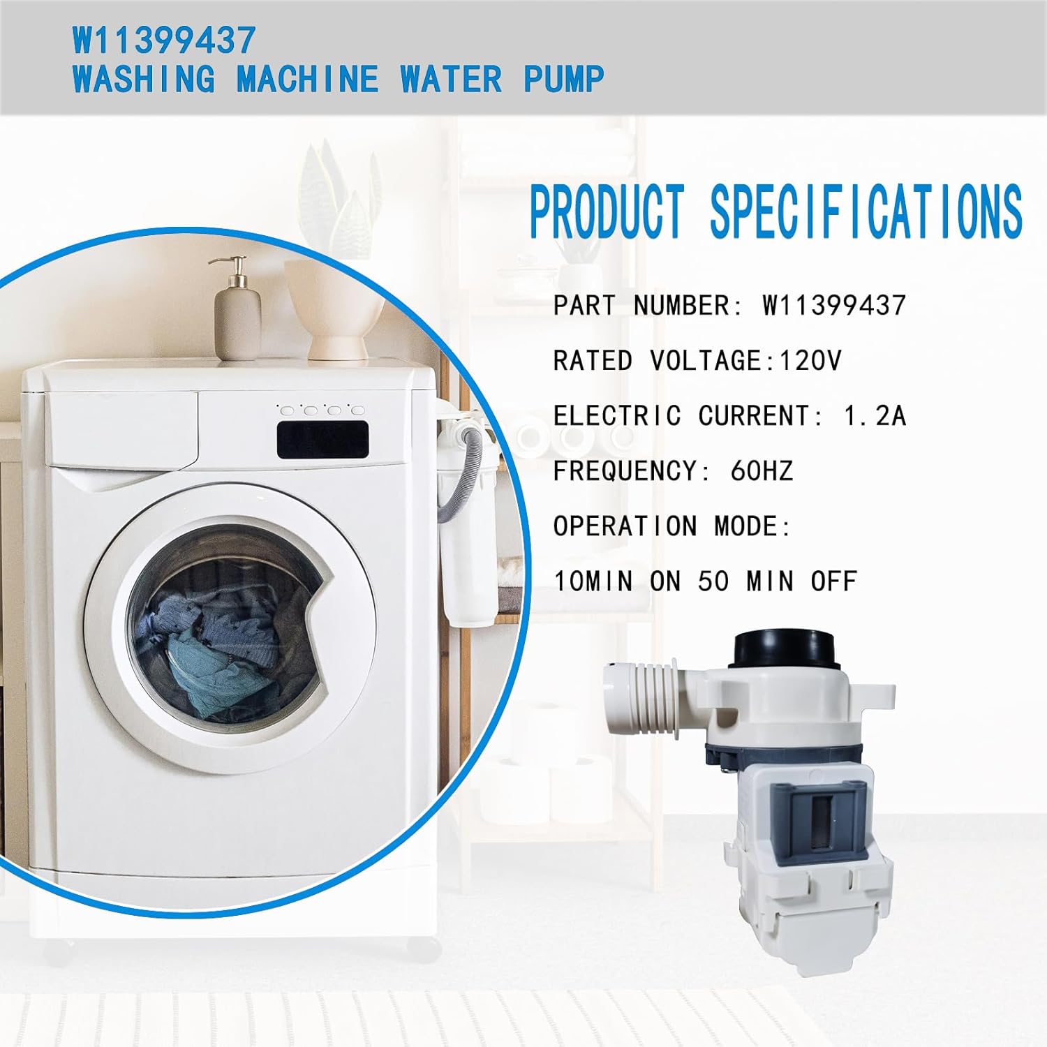 W11399437 Washer Drain Pump replace Washing Machine Drain Pump W11259498 Compatible With Whirlpool Maytag Kenmore Crosley WTW5057LW0 WTW5100HC1 WTW5000DW3
