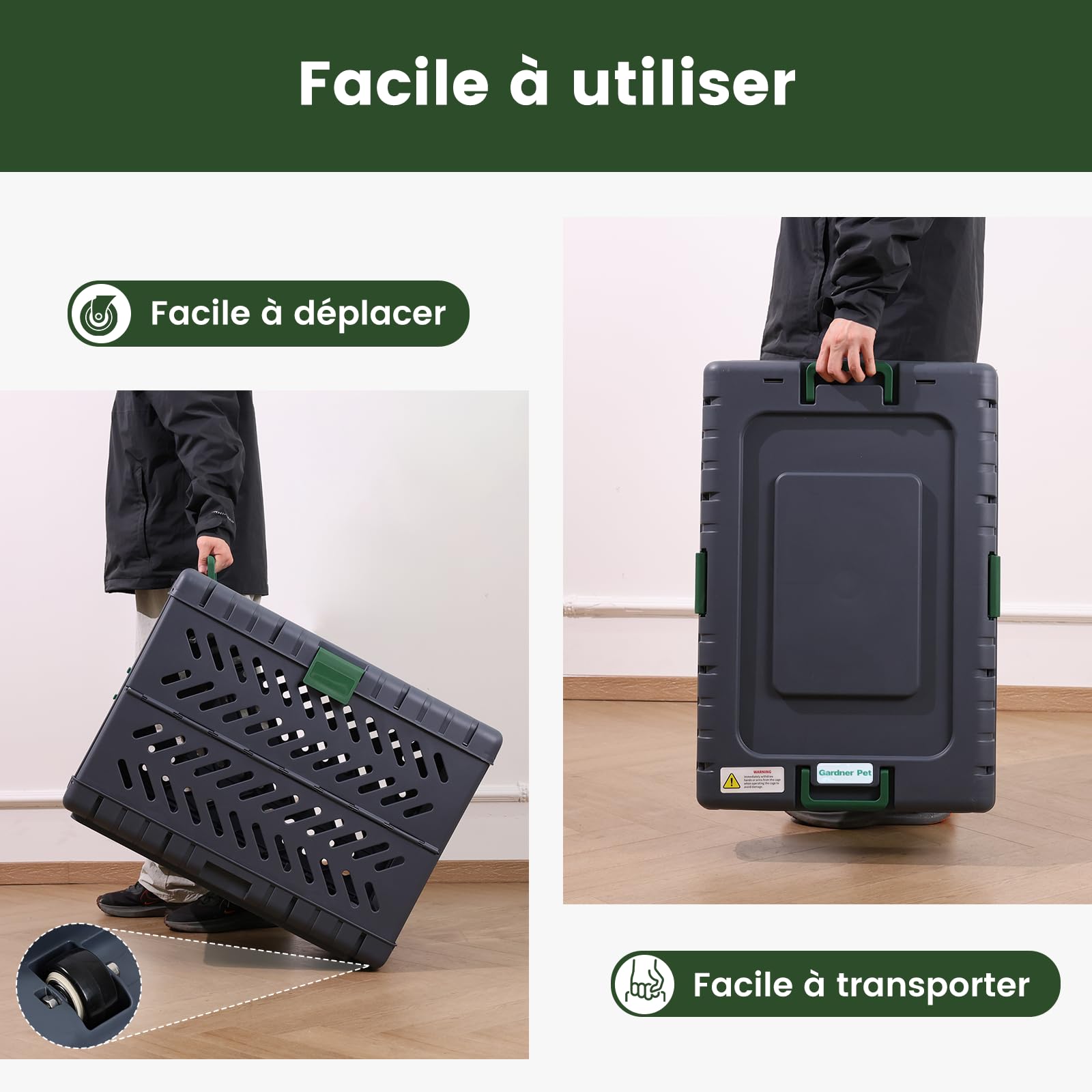 Gardner Pet Cage Portable pour Chiens Moyens Petits Chat 71x46.5x53cm, Cassie Transport pour Chien Pliable sans Outils avec 2 Roues-28 L-Vert