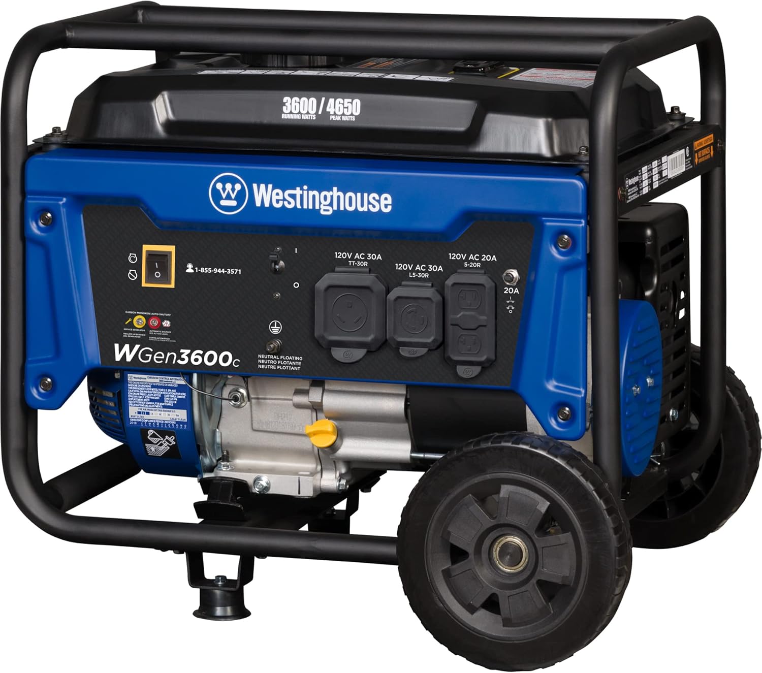 Westinghouse 4650 Peak Watt Portable Generator, RV Ready 30A Outlet, Wheel & Handle Kit, Gas Powered, CO Sensor